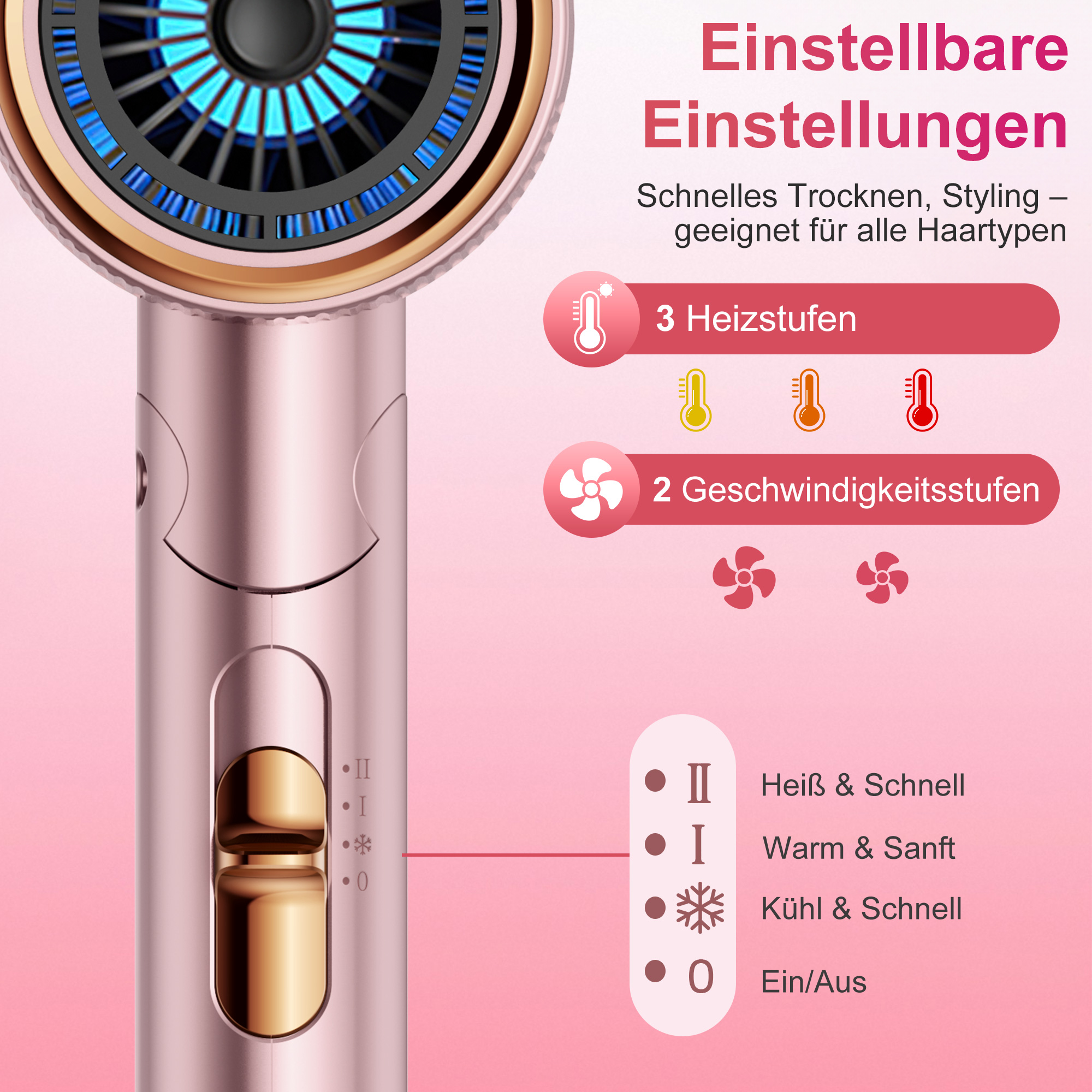 Ein roségoldener Haartrockner mit blauen Lüftern und Einstellungsoptionen.