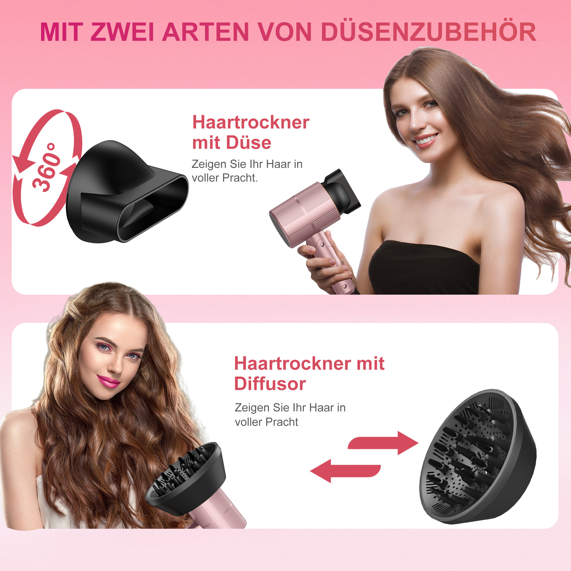 Zwei Arten von Haartrockner-Aufsätzen: Düse und Diffusor. Frauen mit gestyltem Haar.