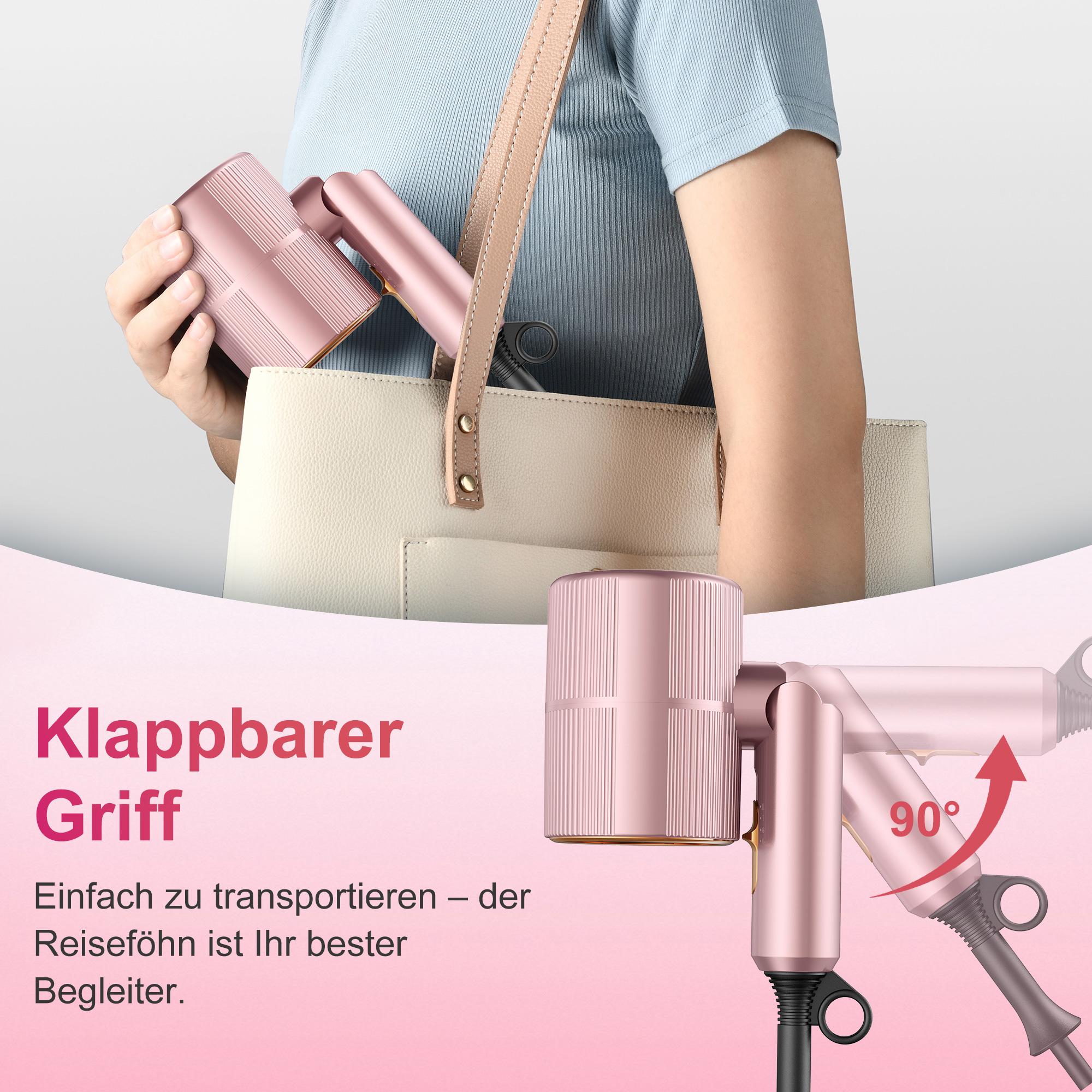 Eine Person legt einen roségoldenen Haartrockner mit klappbarem Griff in eine Tasche.