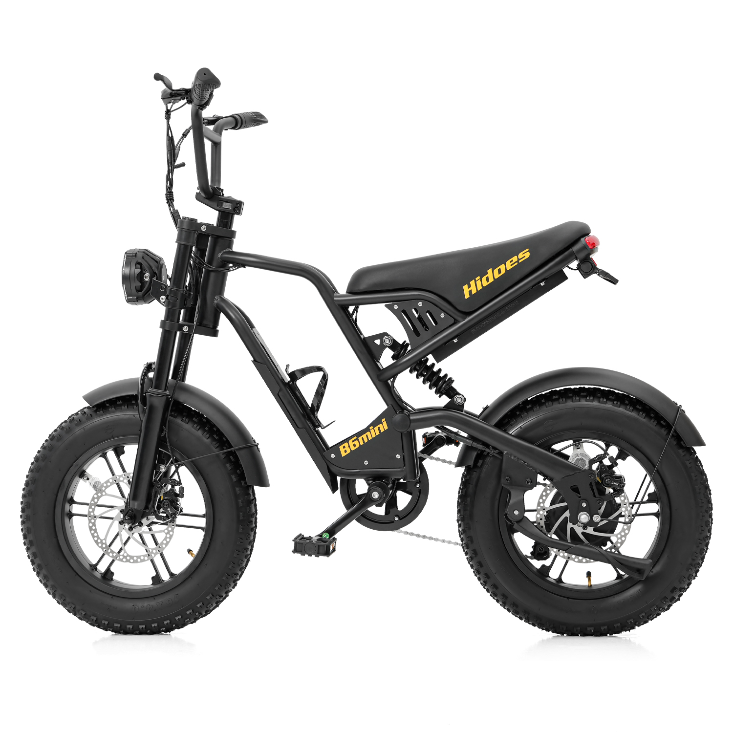 E-bike nera con pneumatici larghi, sospensioni e scritte gialle.