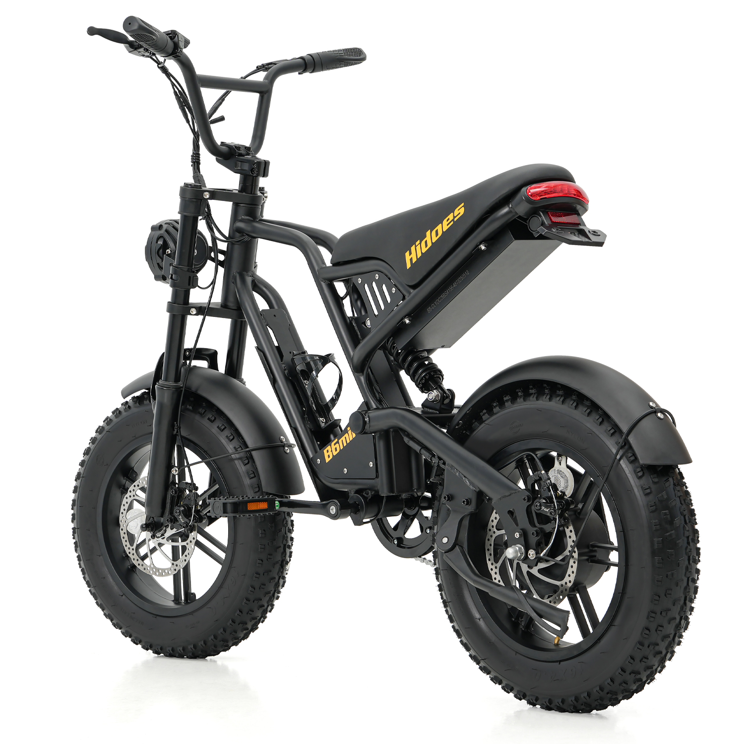 Bicicletta elettrica nera con pneumatici larghi, manubrio largo e scritta gialla sul sedile.
