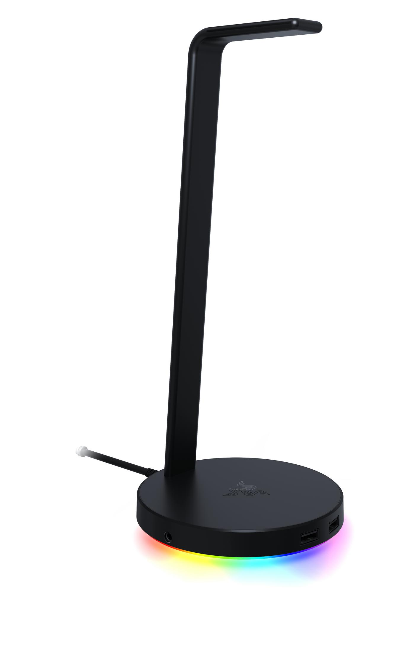 Ein schwarzer Kopfhörerständer mit RGB-Beleuchtung und USB-Anschlüssen.