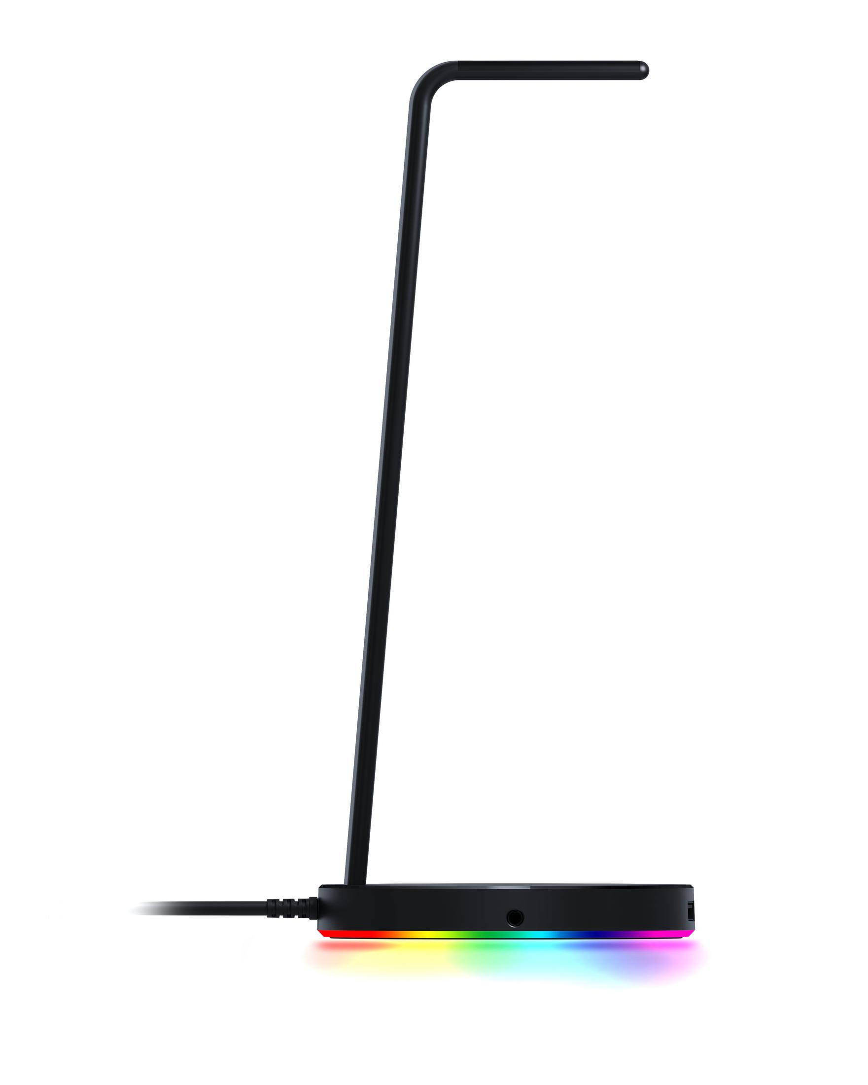 Ein schwarzer Ständer mit RGB-Beleuchtung unten.