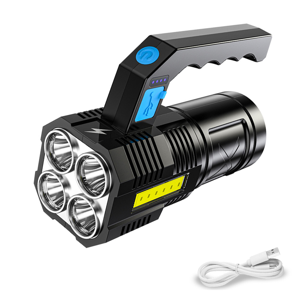 Eine schwarze Taschenlampe mit vier Linsen vorn, einem Griff und einem Ladekabel.