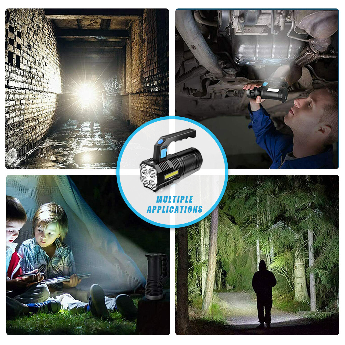 Vier Szenen zeigen Taschenlampen: im Tunnel, unter Auto, Kinder im Zelt, Mann im Wald.