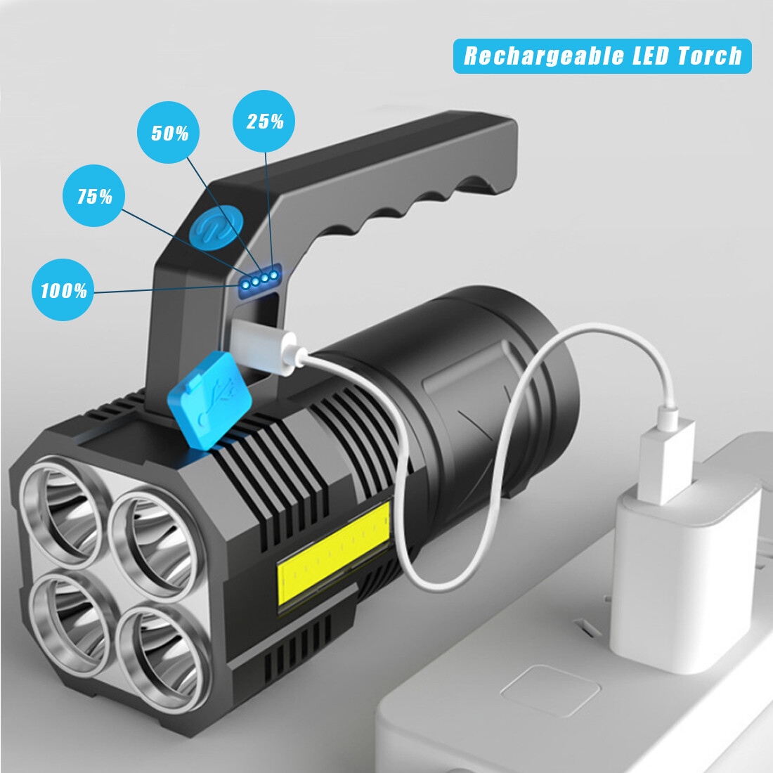 Schwarze wiederaufladbare LED-Taschenlampe mit vier Lichtern, die über USB aufgeladen wird.