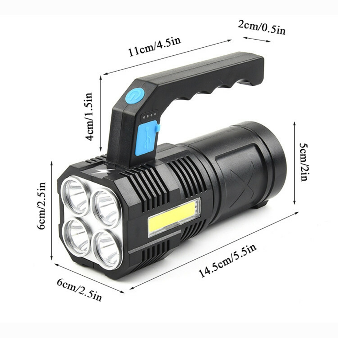 Schwarze Taschenlampe mit vier LED-Birnen, einem COB-Licht und blauen Knöpfen. Maße gezeigt.