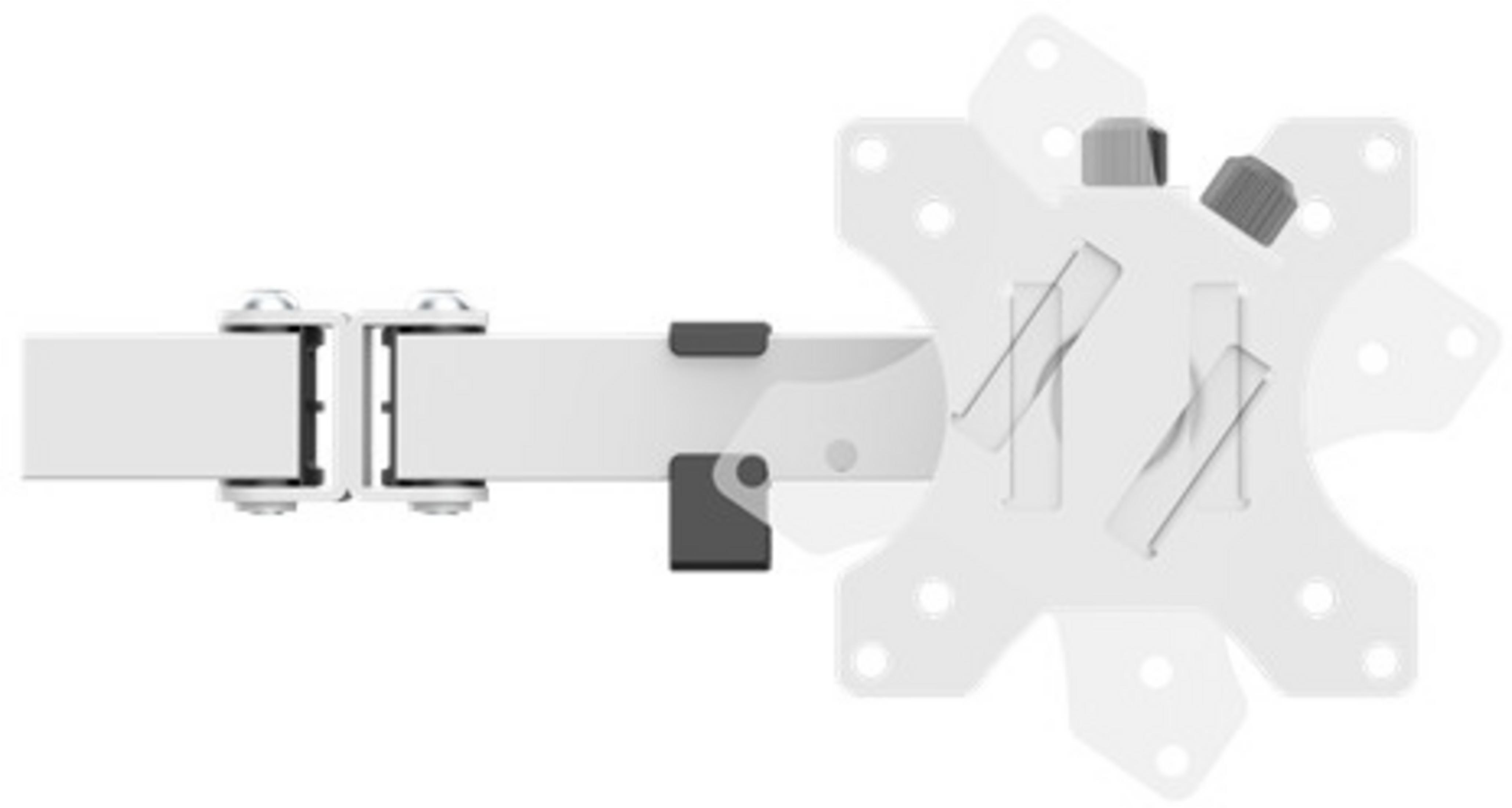 Un brazo de monitor blanco con articulaciones y un soporte.