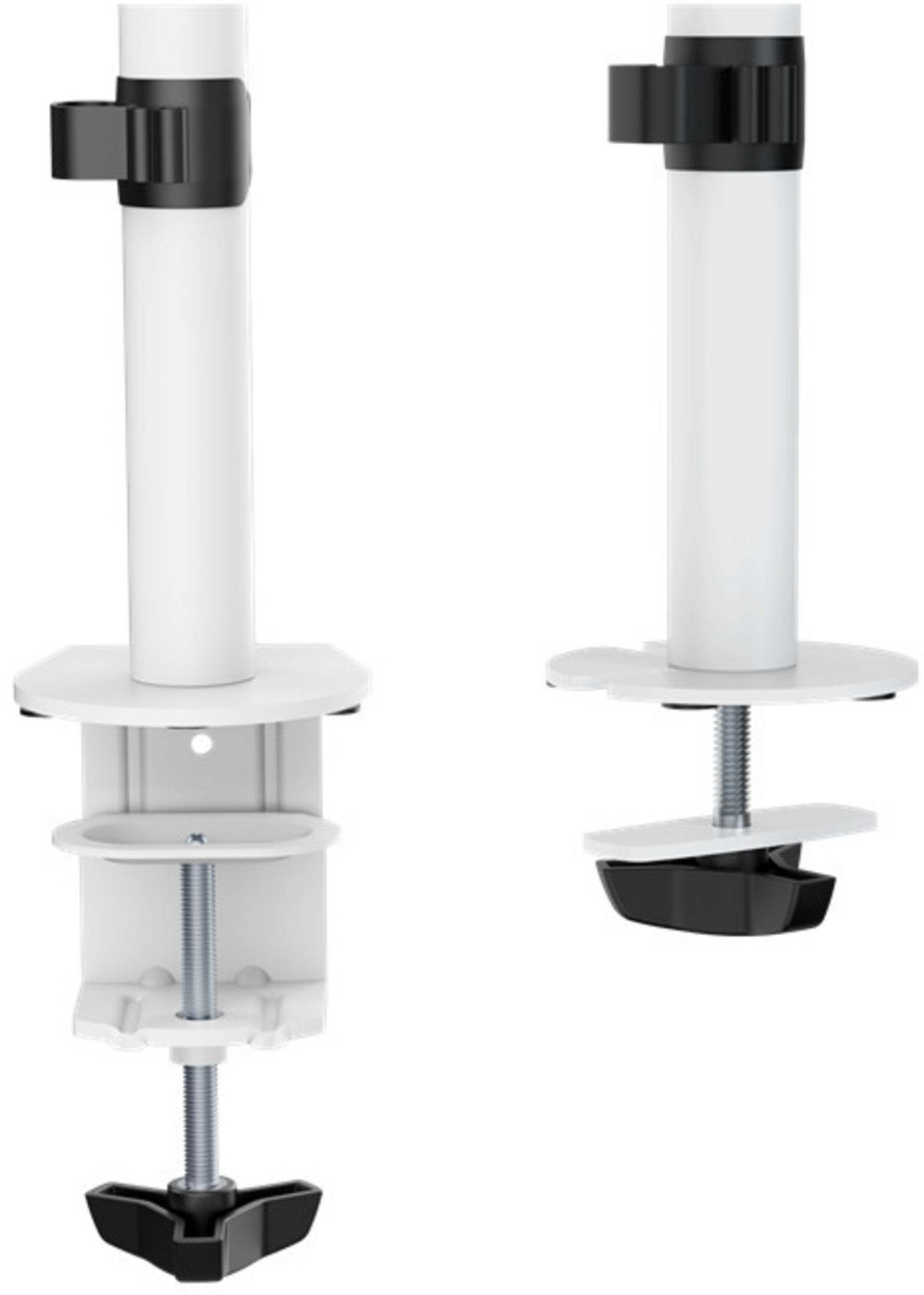 Dos soportes de monitor blancos con abrazaderas negras y tornillos plateados.