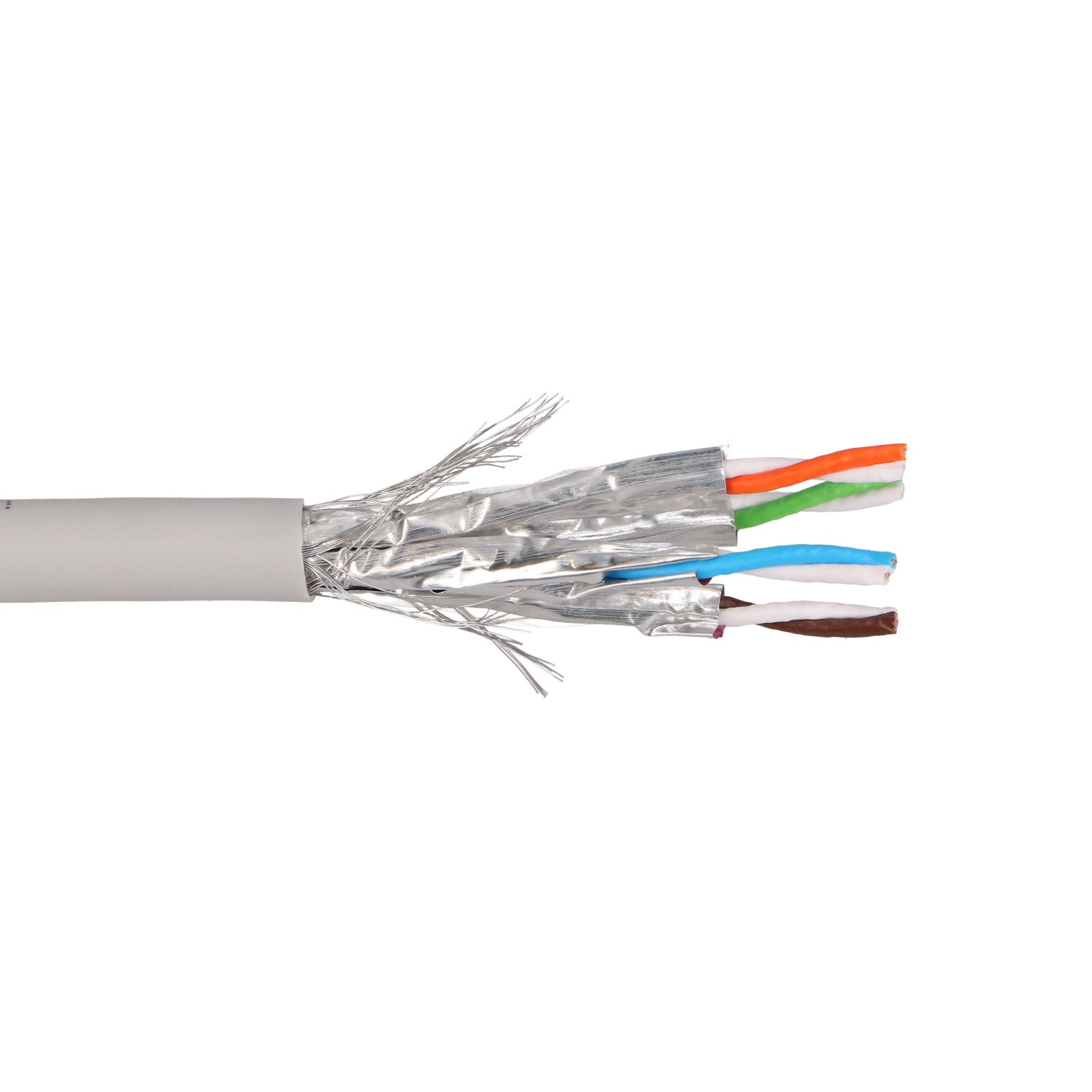 Kabel sieciowy z odsłoniętymi przewodami w kolorach pomarańczowym, zielonym, niebieskim i brązowym.
