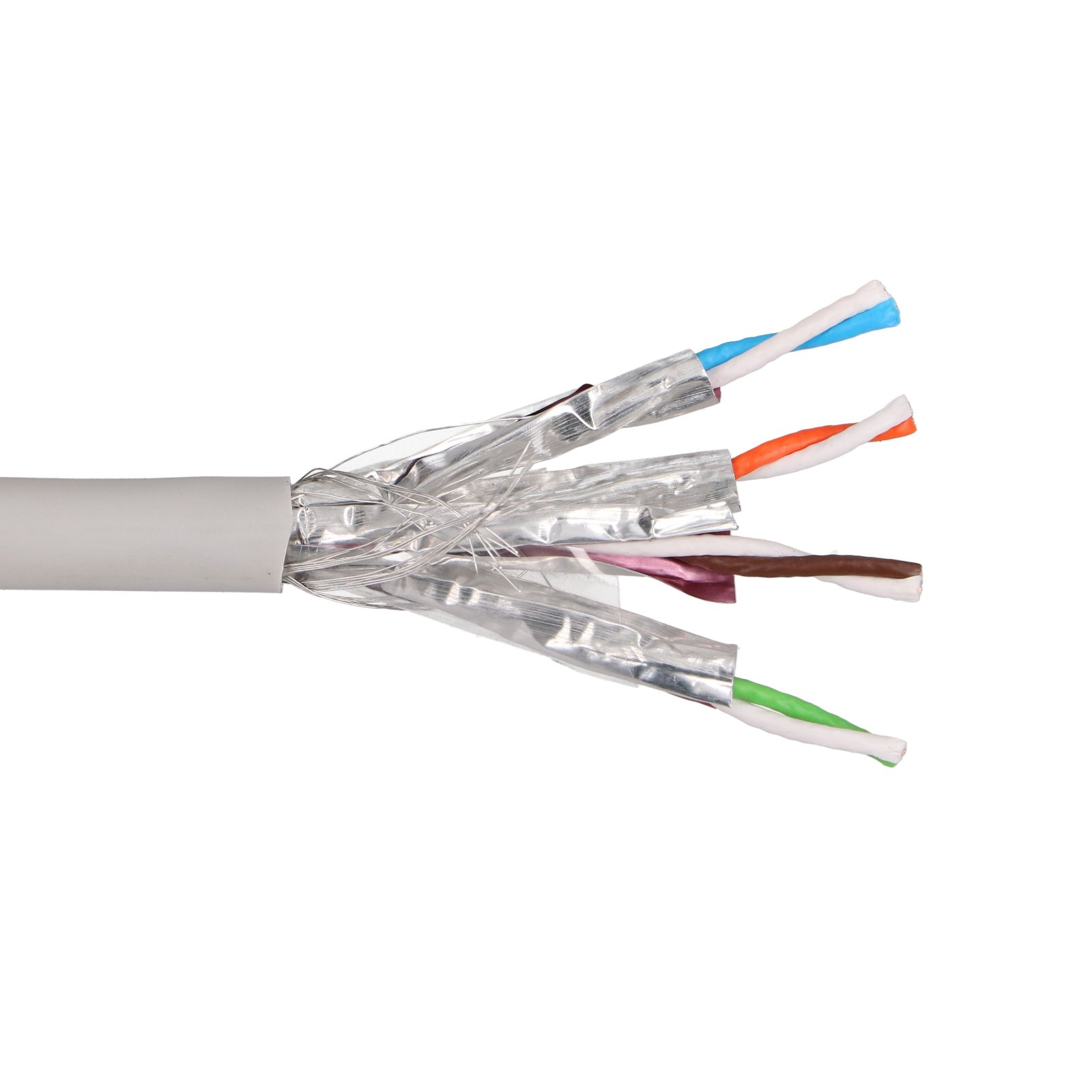 Kabel Ethernet z odsłoniętymi skręconymi przewodami i srebrnym ekranowaniem.