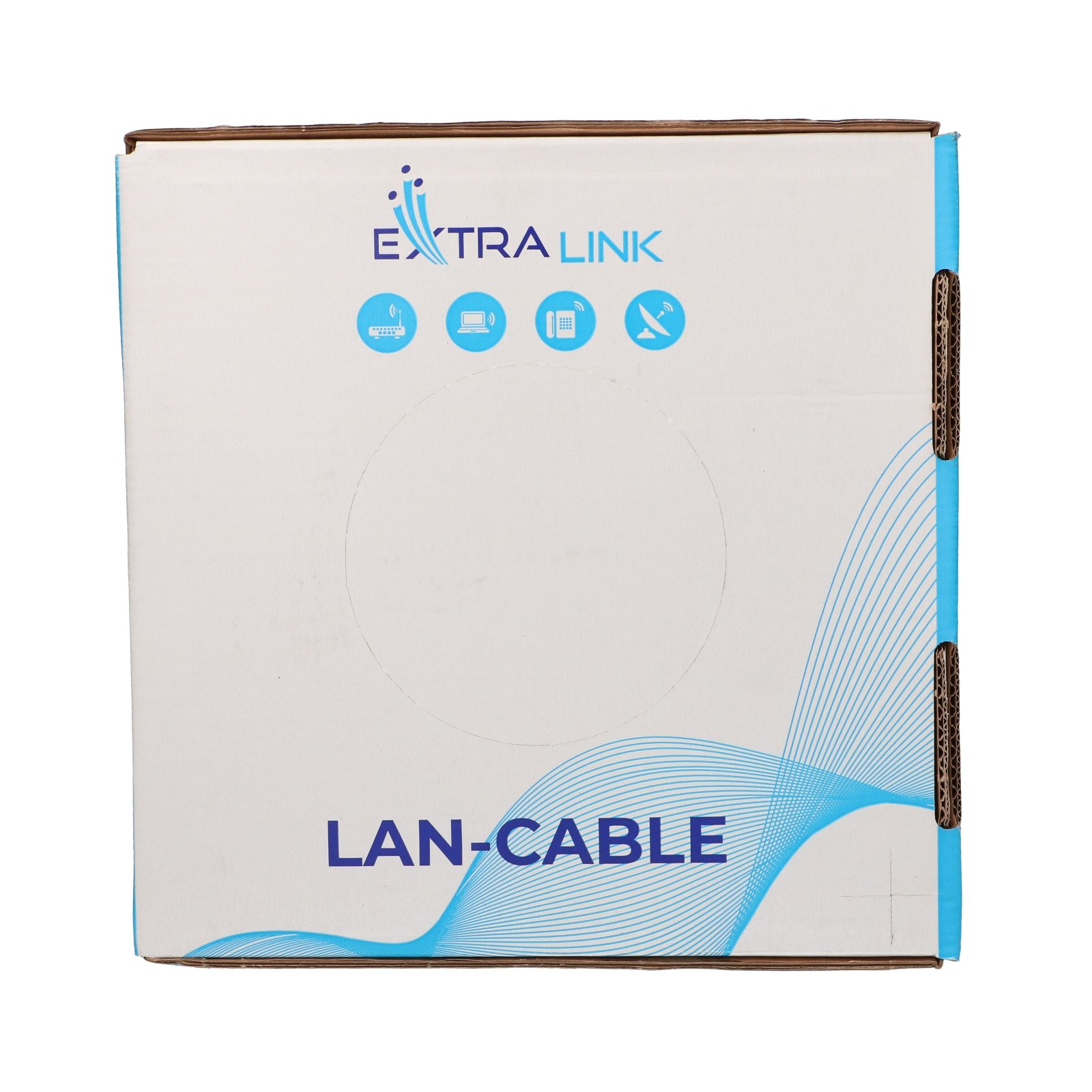 Białe pudełko z niebieskim logo i napisem "LAN-CABLE".
