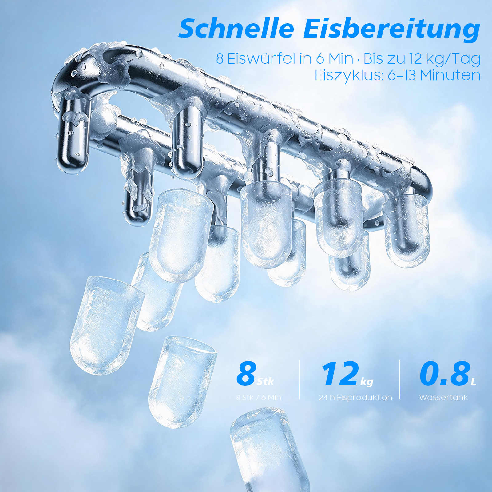 Eiswürfel gefrieren an Metallstäben. Details: 8 Stk/6 Min, 12kg/24h, 0.8L Tank.