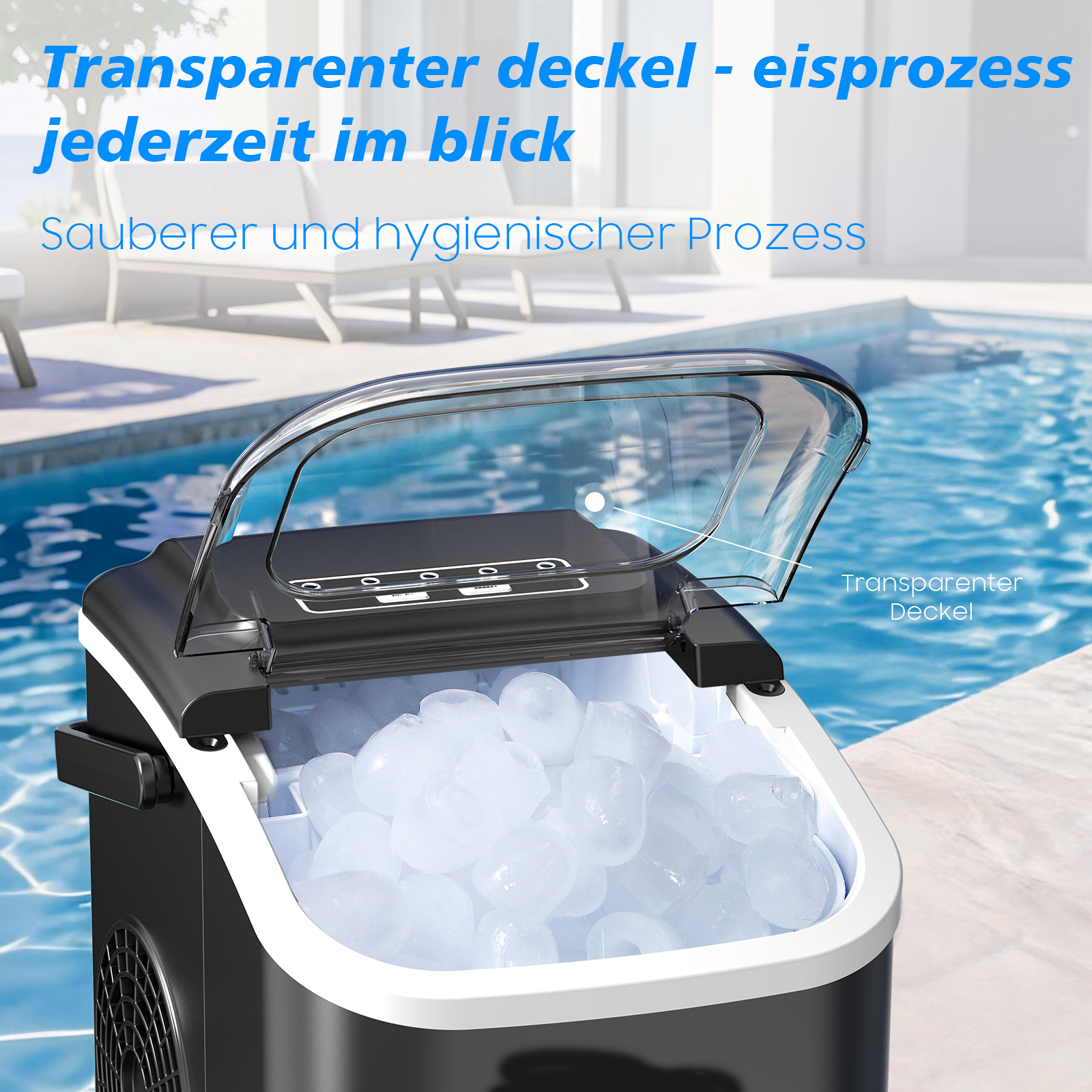 Eiswürfelmaschine mit transparentem Deckel neben einem Pool.