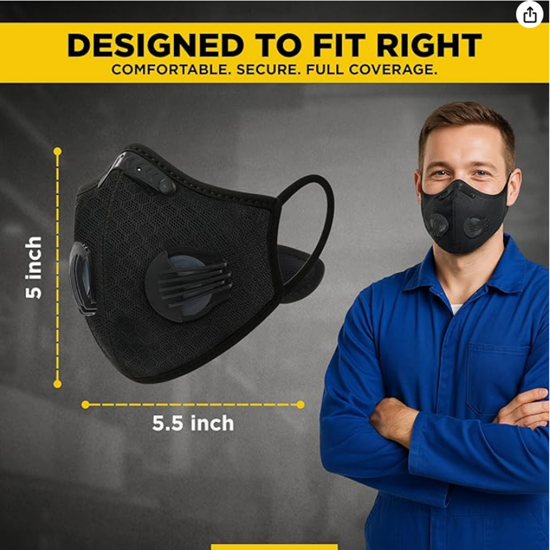 Ein Mann in blauer Uniform trägt eine schwarze Maske mit Ventilen. Maße sind angegeben.