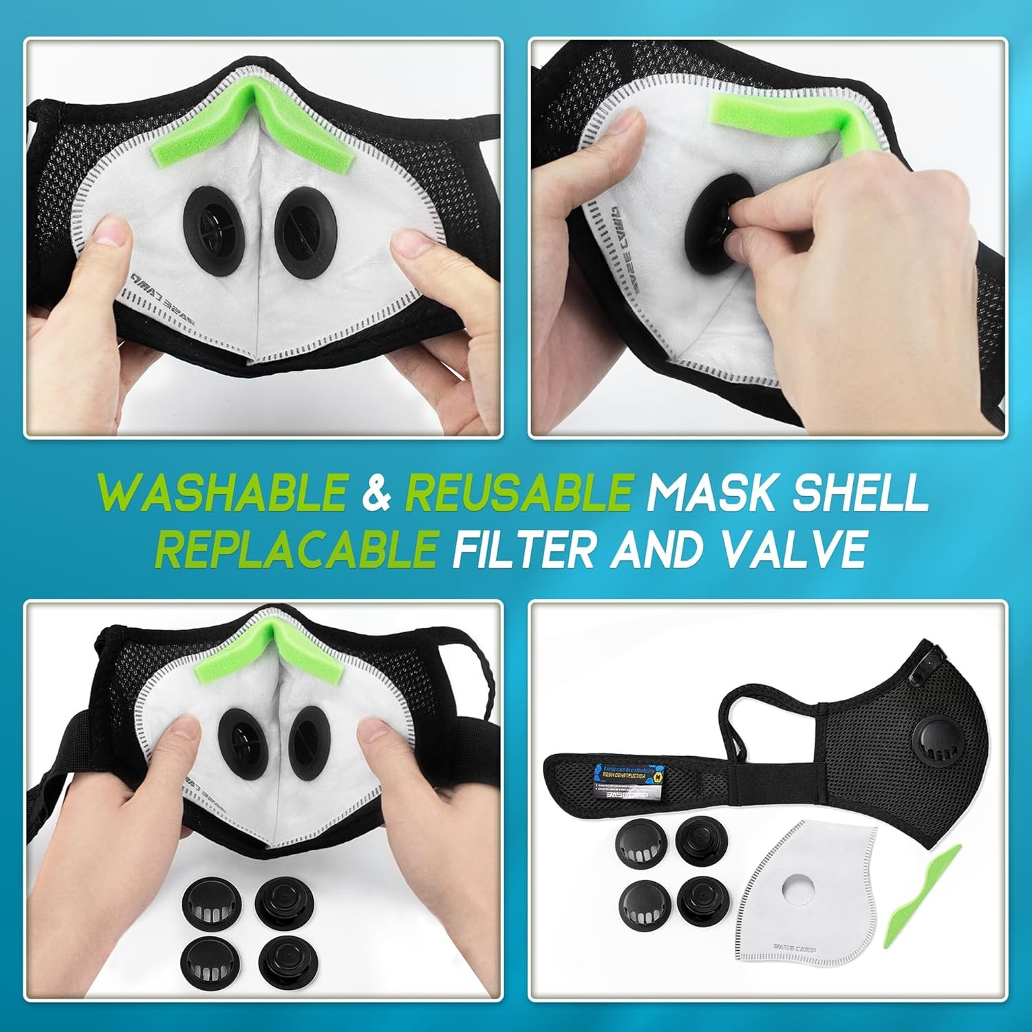 Masken-Set mit Filtern: Hände zeigen Maske, Ventile, Filter und Werkzeug.