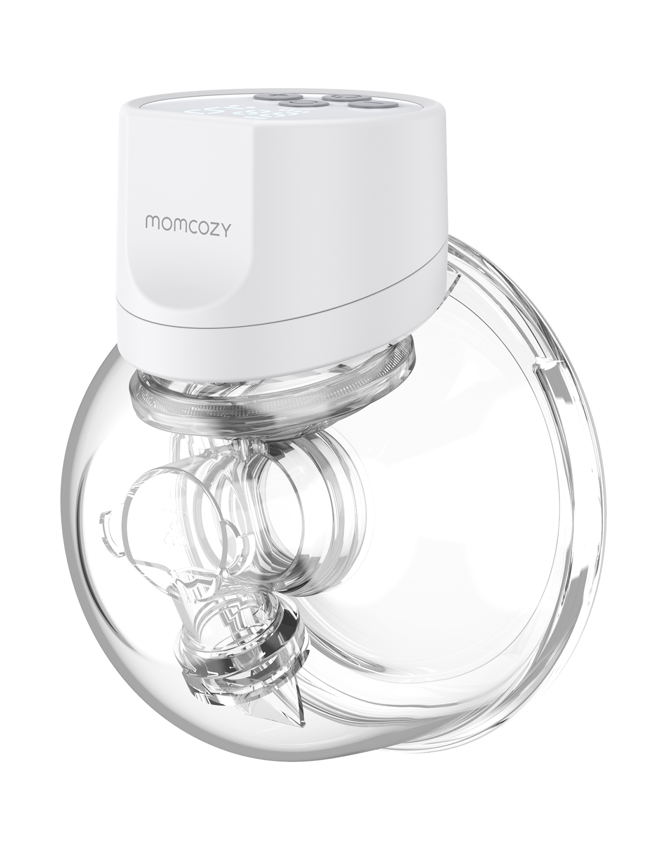 Biały i przezroczysty dodatek do laktatora marki Momcozy.