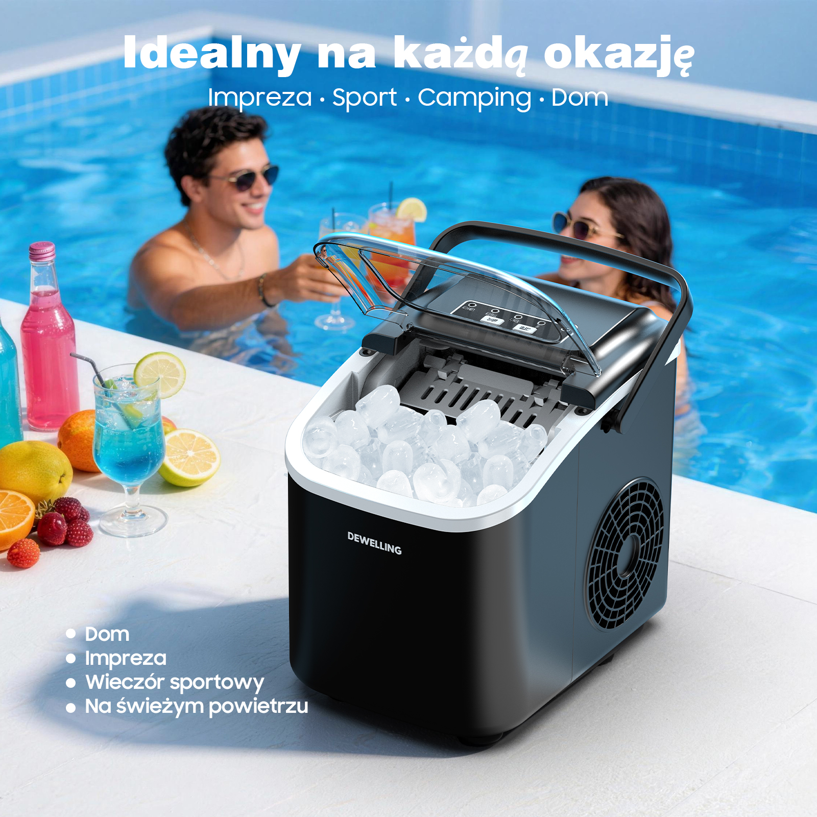 Eismaschine am Pool mit Früchten, Getränken und lächelndem Paar im Hintergrund.