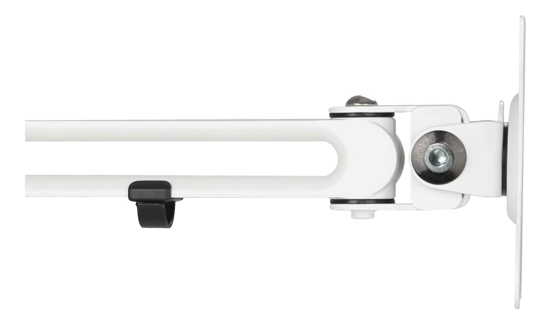 A white adjustable arm with a black clip and metal hinges attached to a wall mount.