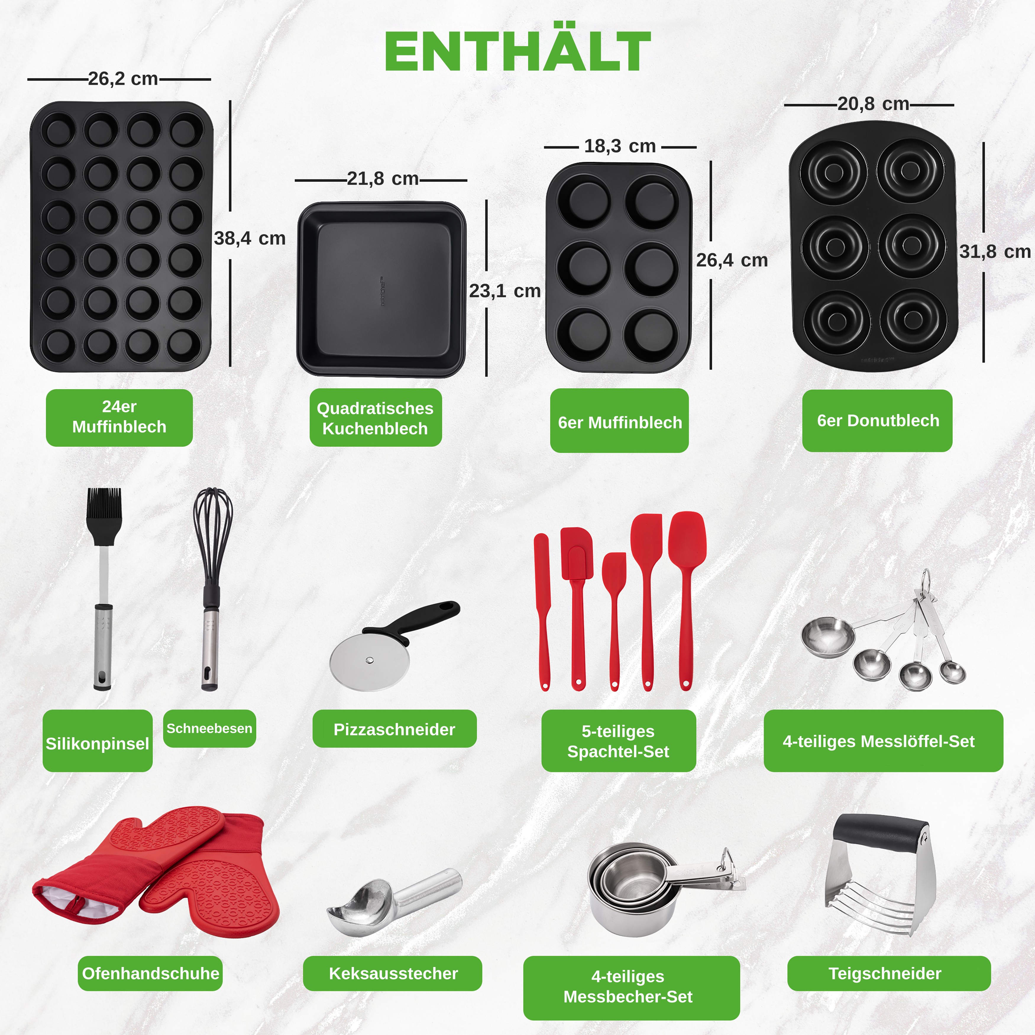 Backutensilien-Set mit Muffinblechen, Schaber, Handschuhen, Messlöffeln.