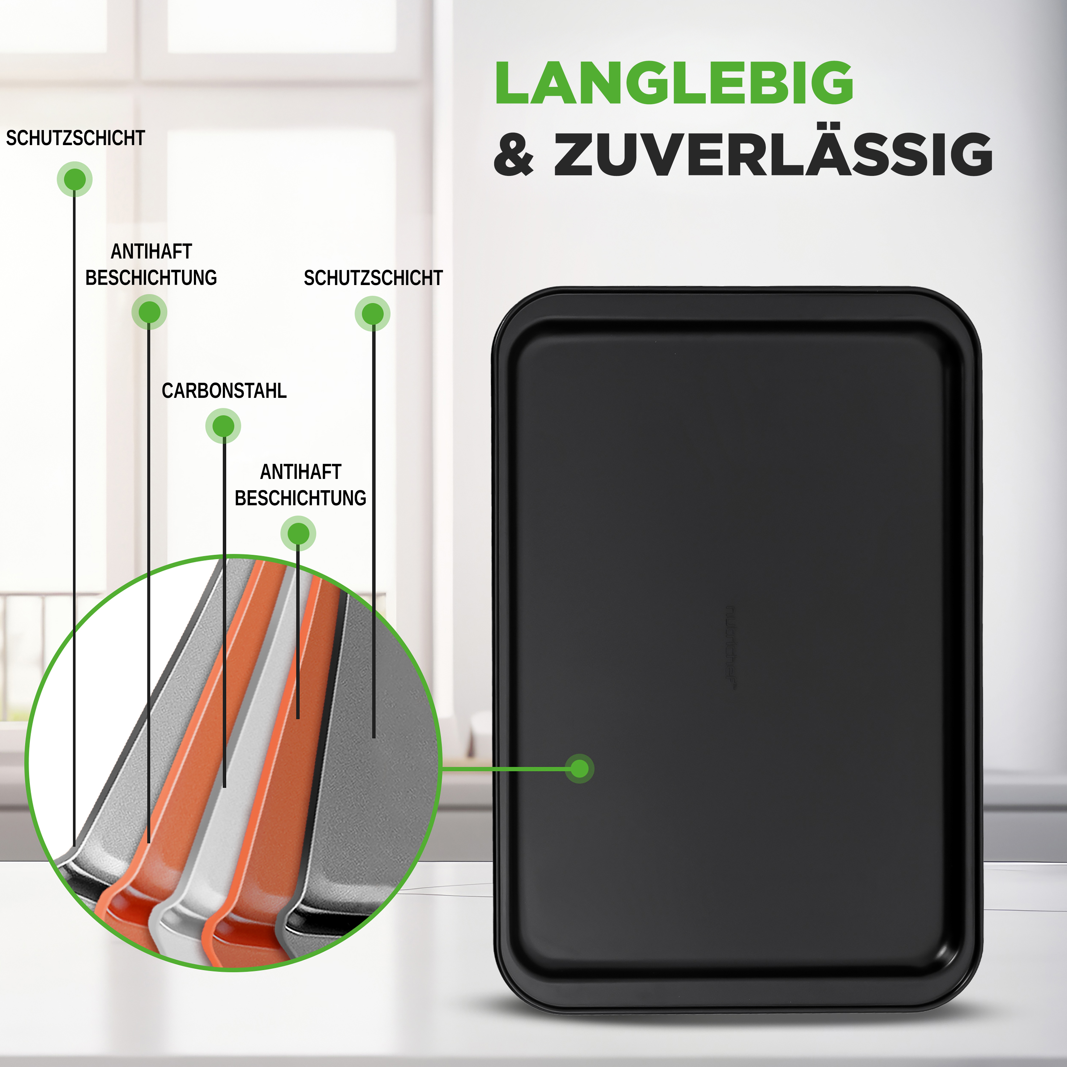 Schwarze Backform mit Schichtdetail und Text auf Deutsch.