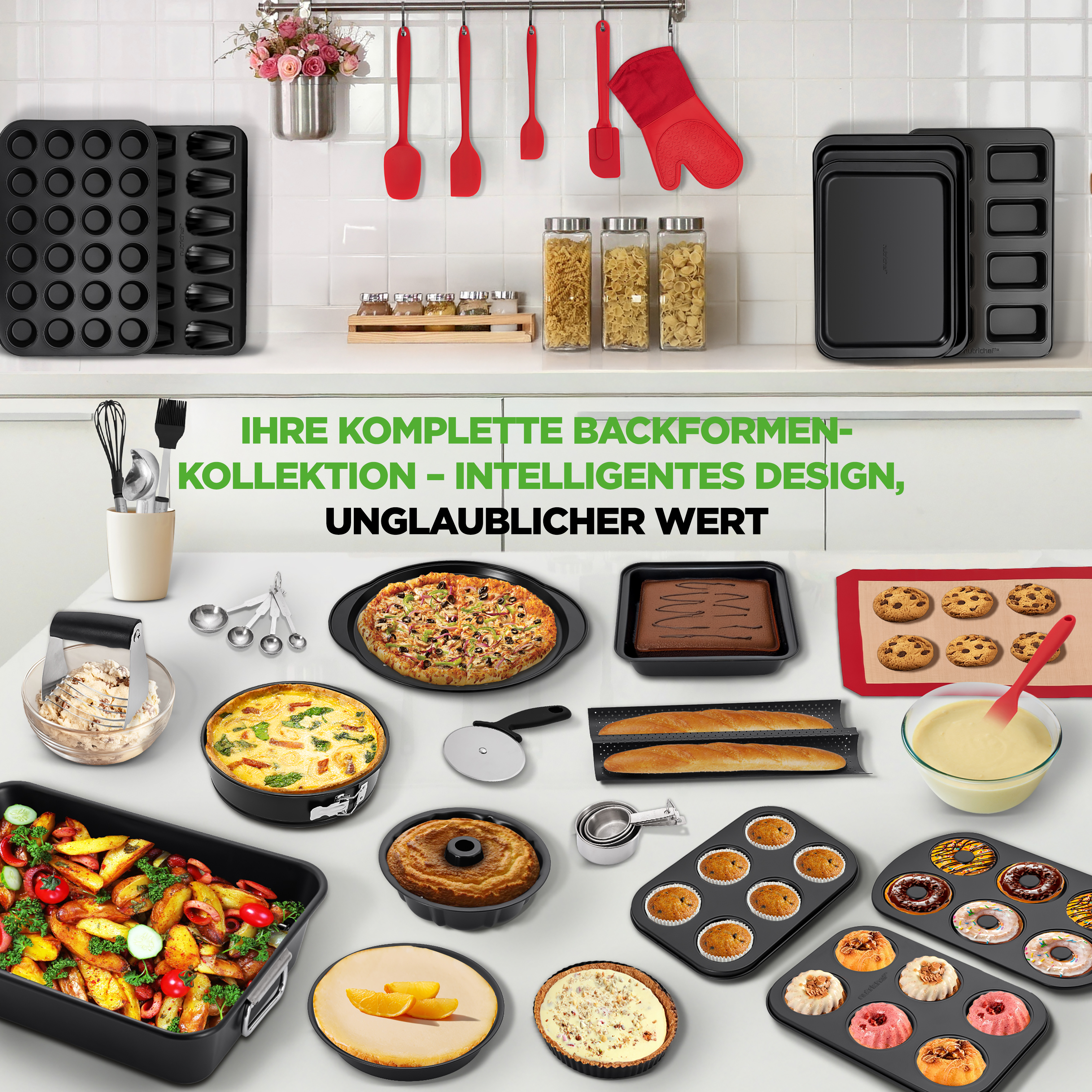 Eine Küche mit Backutensilien und fertigen Backwaren wie Pizza, Kuchen, Keksen und Donuts.