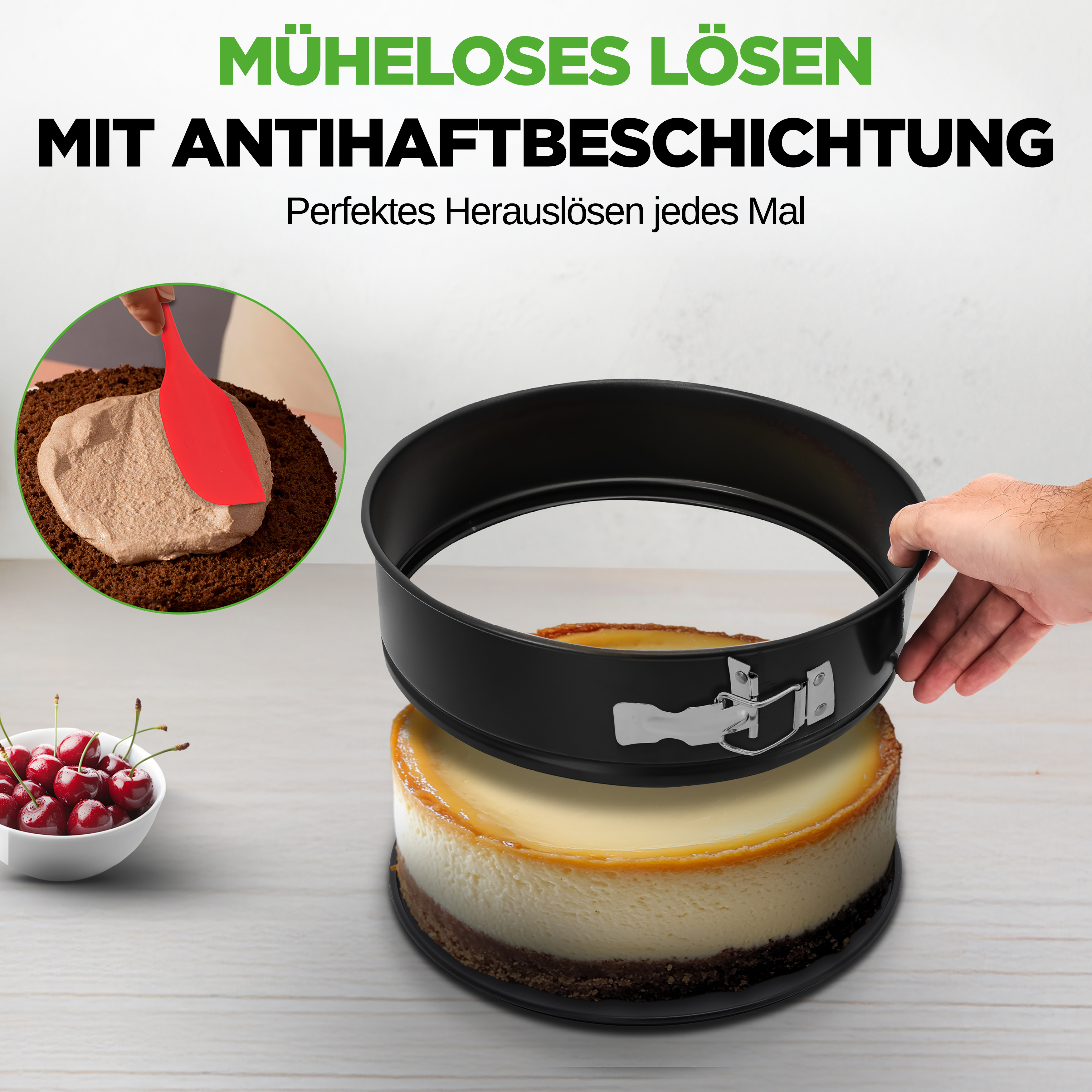 Ein Mann löst eine Springform von einem Käsekuchen. Kirschen liegen daneben.