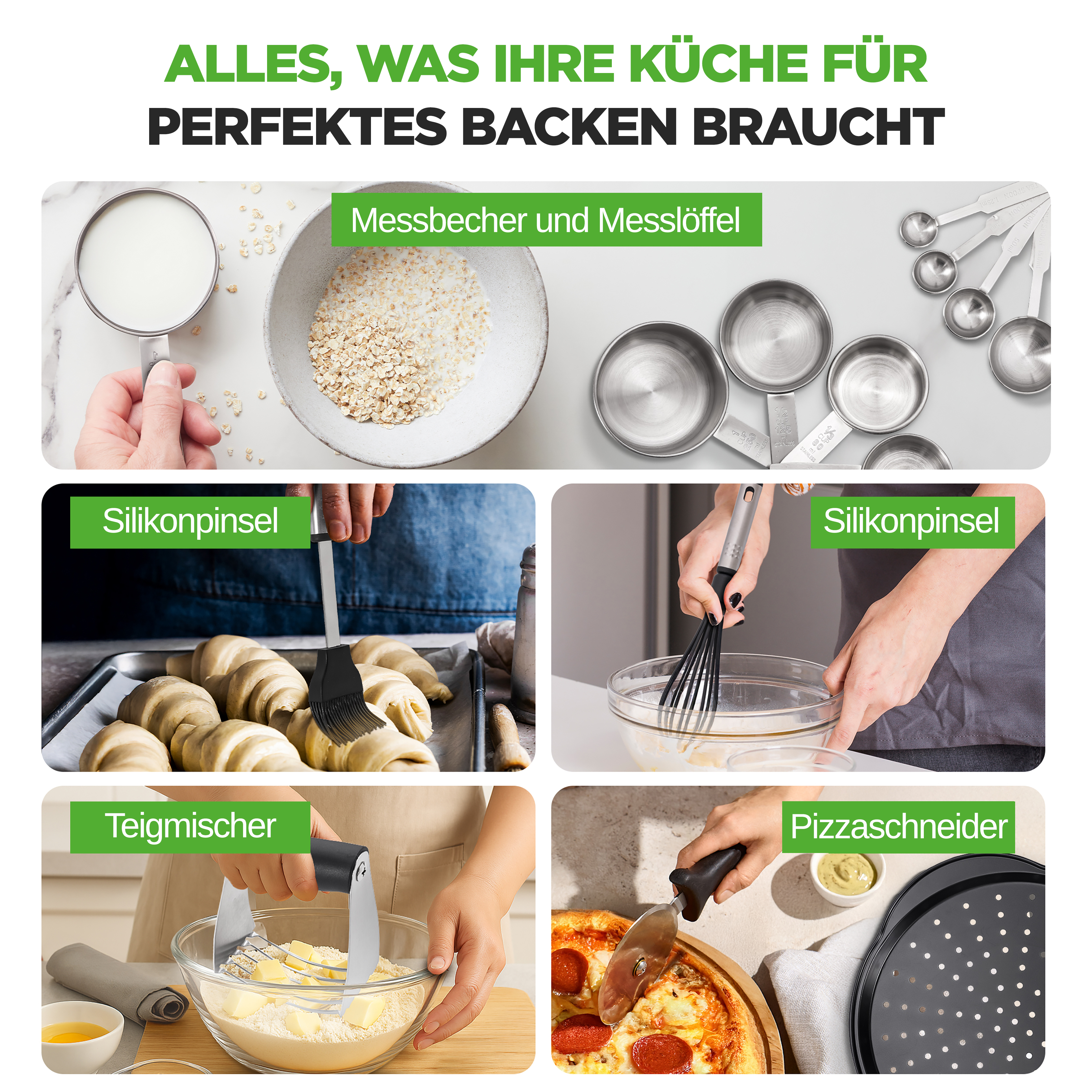 Vier Collagen zeigen Küchenutensilien zum Backen: Messbecher, Silikonpinsel, Teigmischer und Pizzaschneider.