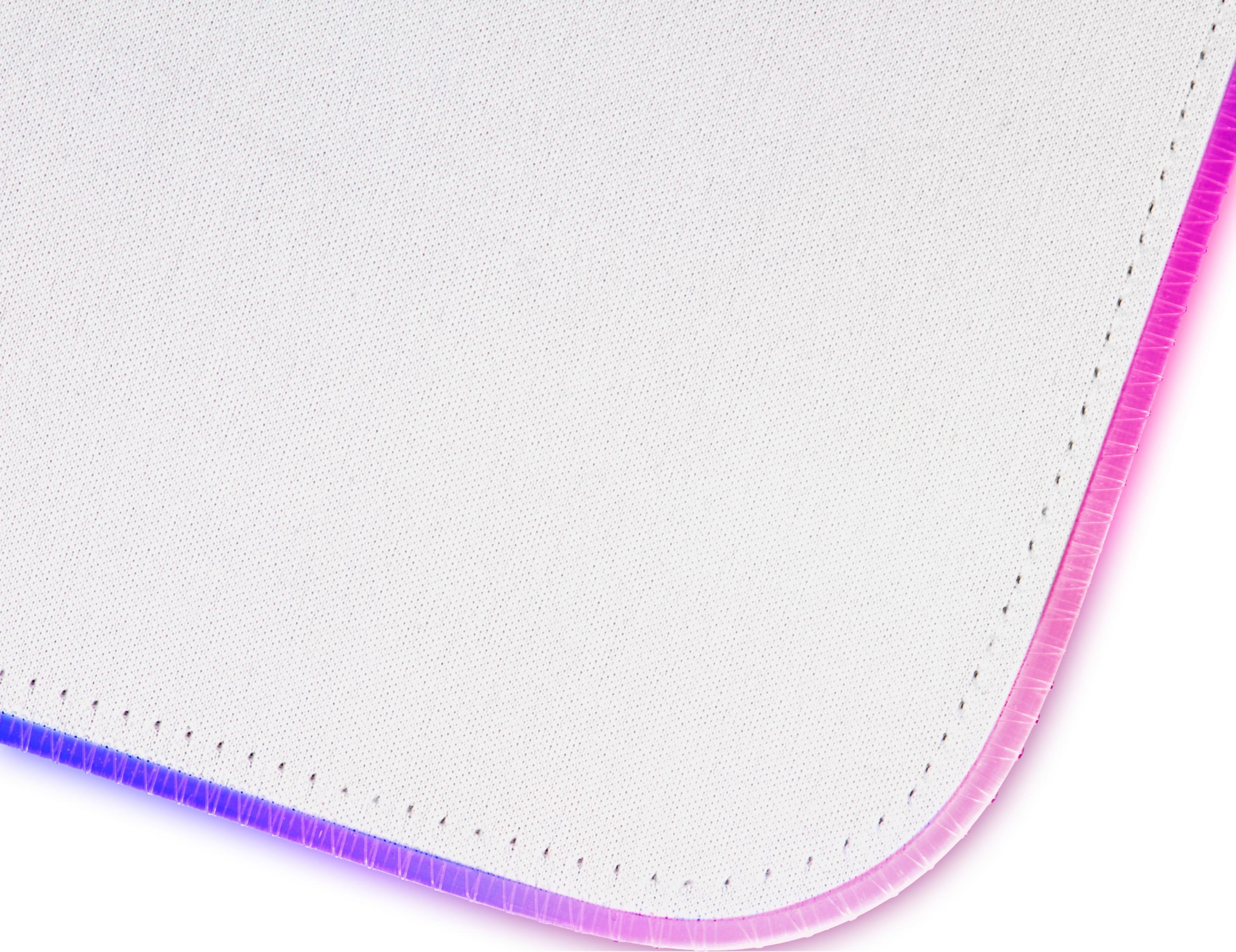 Witte textuur met stiksels en een blauw/roze gloedrand.
