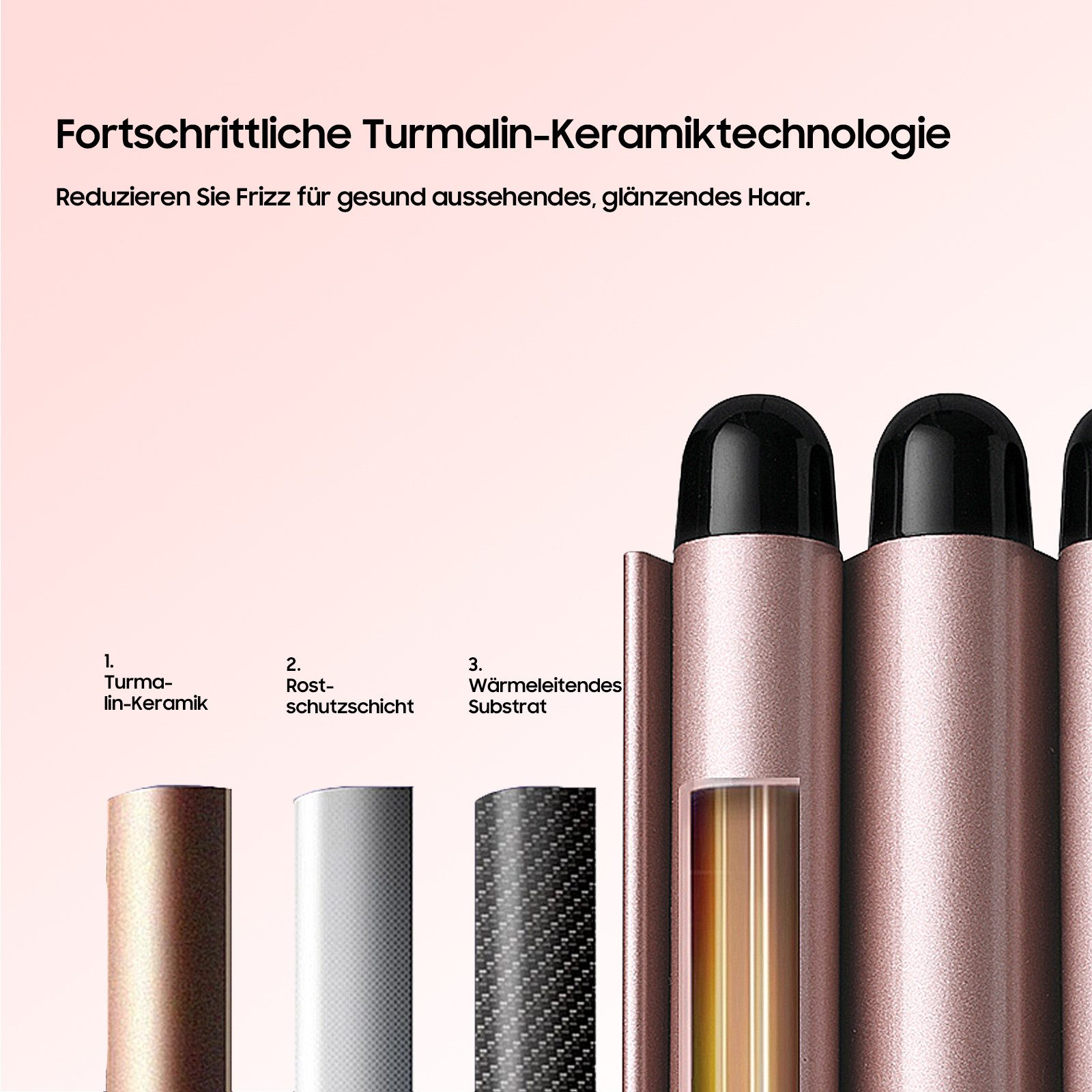 Fortschrittliche Turmalin-Keramiktechnologie für glänzendes Haar.