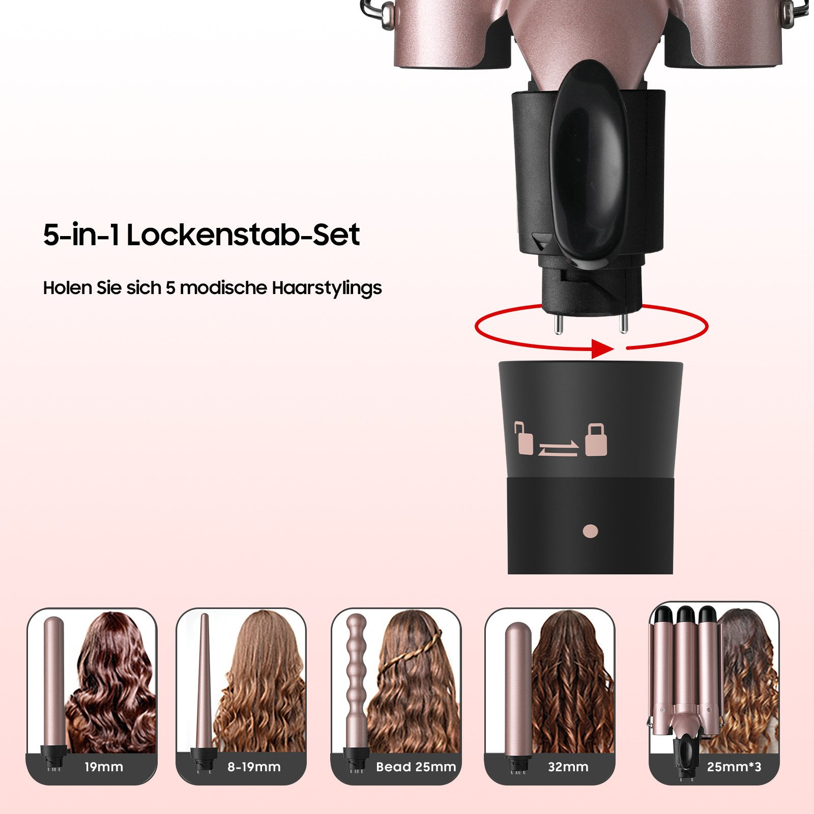 Ein Lockenstab-Set mit 5 Aufsätzen für verschiedene Frisuren.