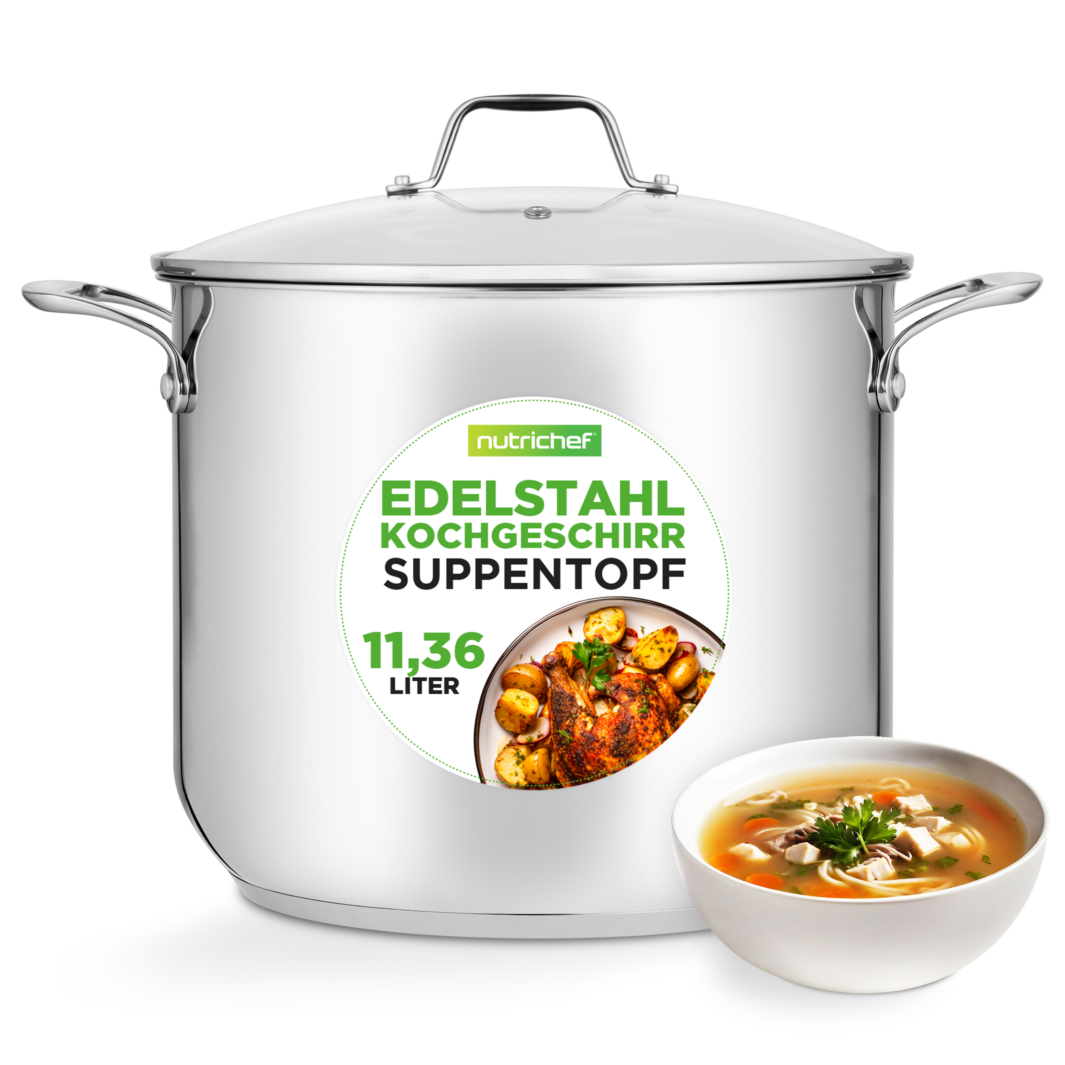 Ein großer Edelstahltopt mit Henkeln, daneben eine Schüssel Suppe.
