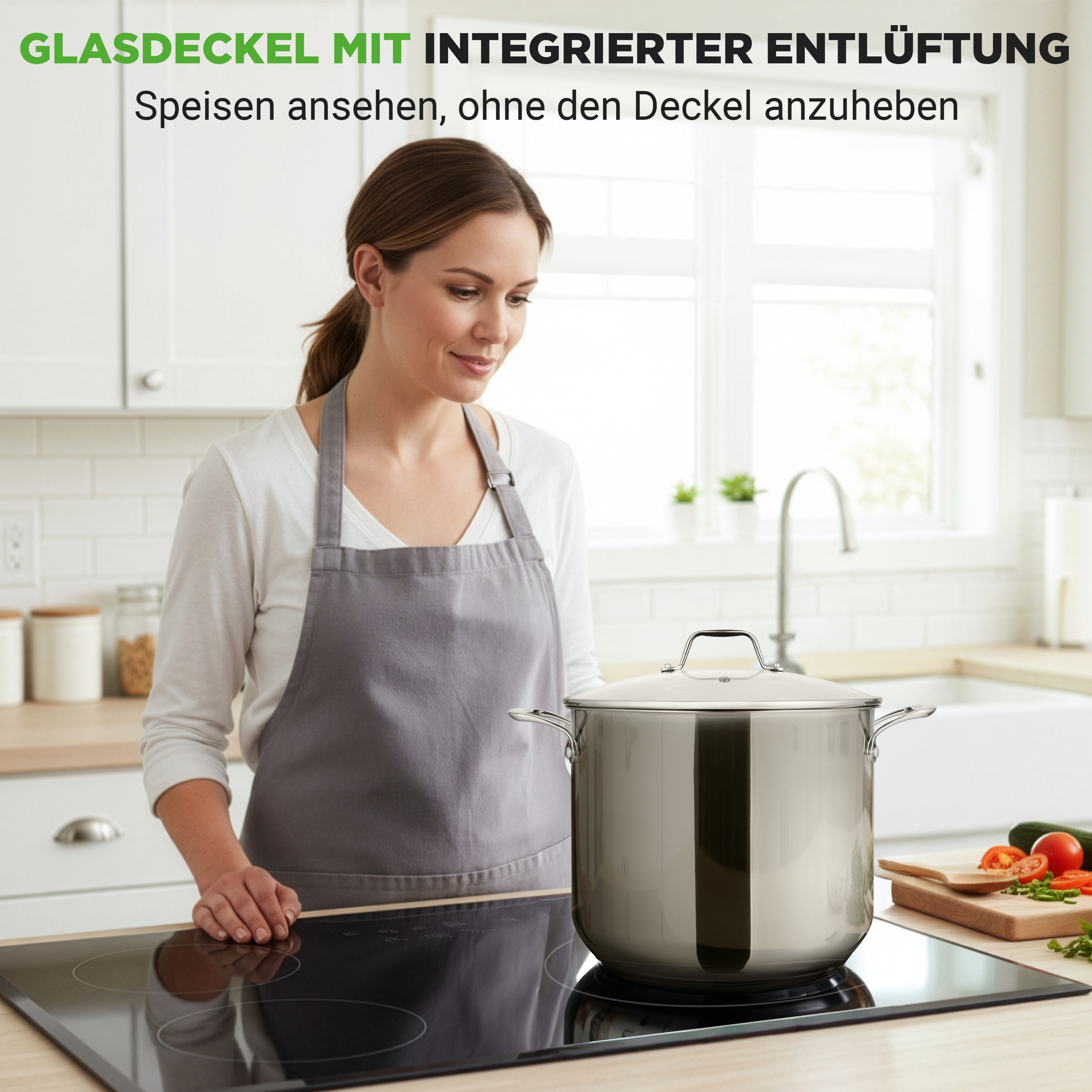 Frau mit Kochtopf auf Induktionsherd, daneben Gemüse auf einem Schneidebrett.