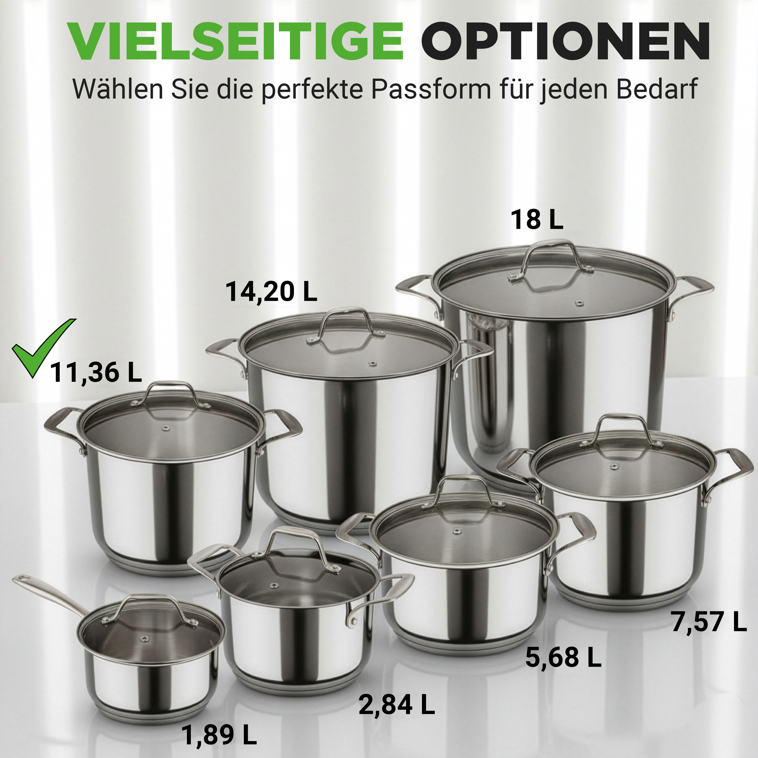 Edelstahltöpfe in verschiedenen Größen mit Glasdeckeln. Beschriftungen geben Liter an.