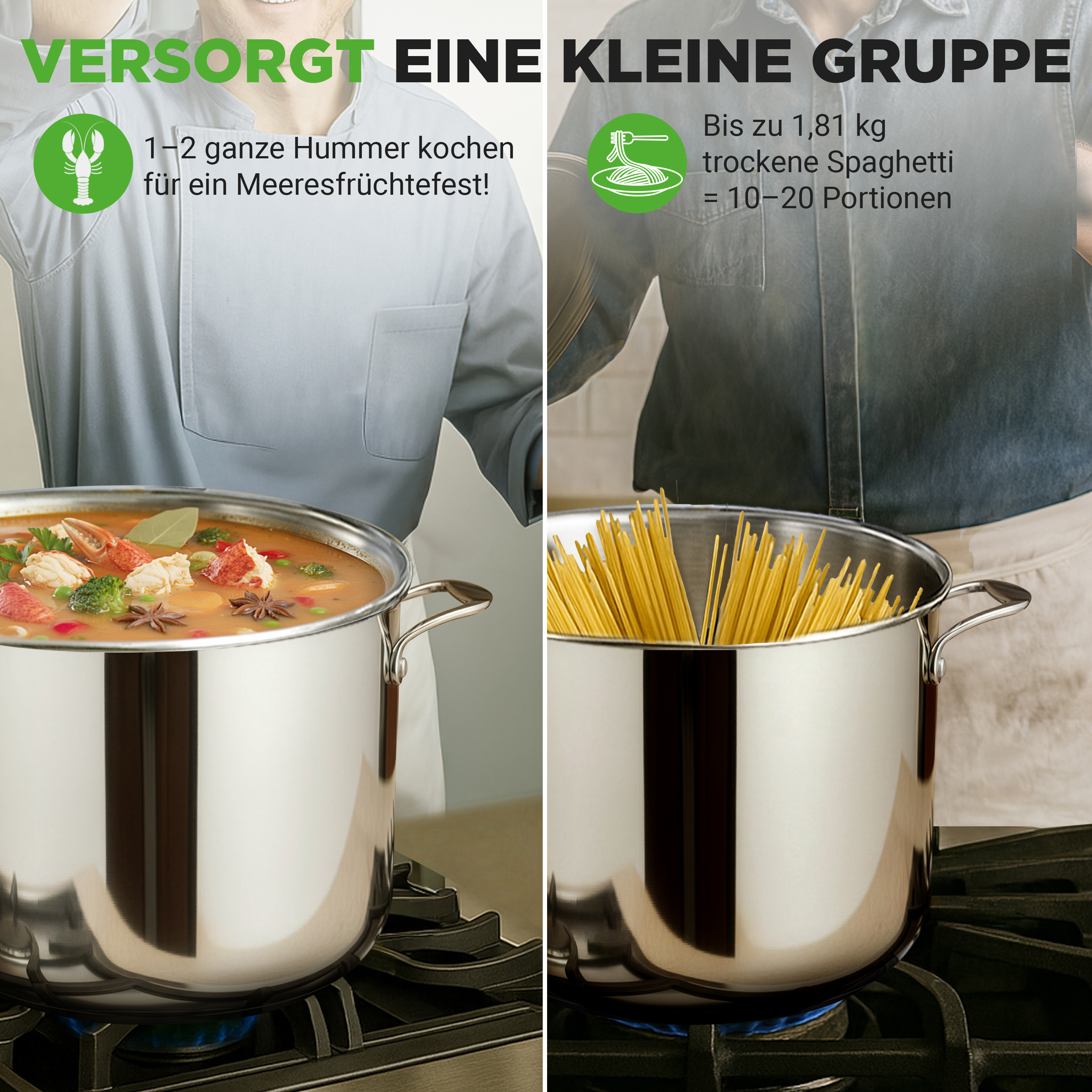 Zwei Kochtöpfe: einer mit Hummer und einer mit Spaghetti.