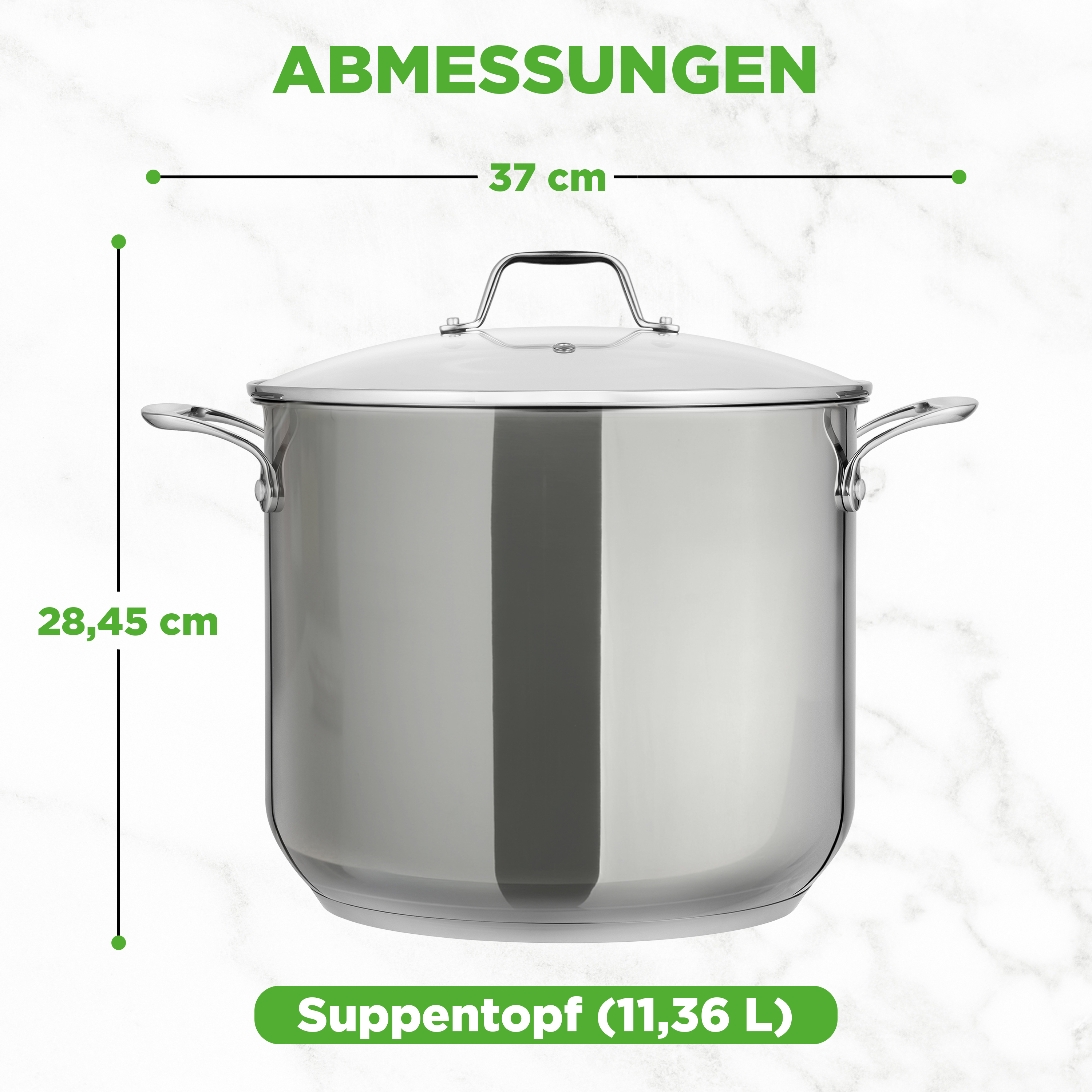 Ein silberner Suppentopf mit Deckel, 37 cm breit und 28,45 cm hoch.