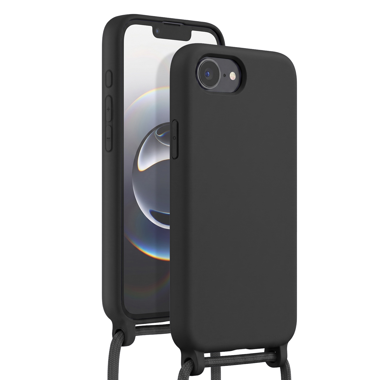 Schwarzes iPhone mit schwarzem Trageband. Die Rückseite ist mit einer Hülle bedeckt.