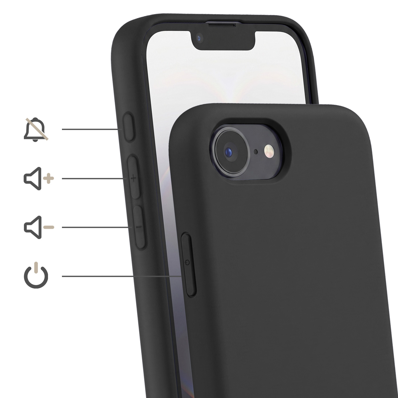 Schwarze Hülle auf einem iPhone mit Symbolen für Lautstärke und Strom.