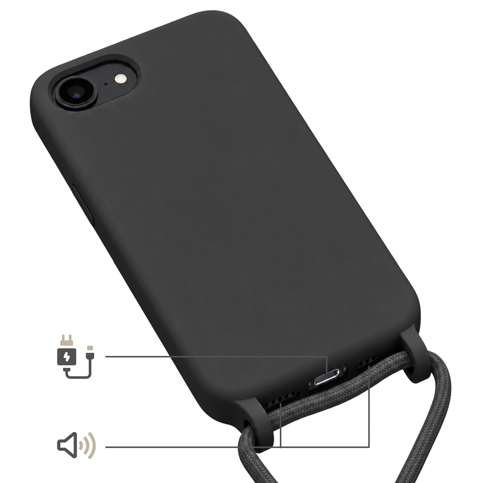Schwarze Handyhülle mit Ladekabel- und Lautsprechersymbolen und einem Band.
