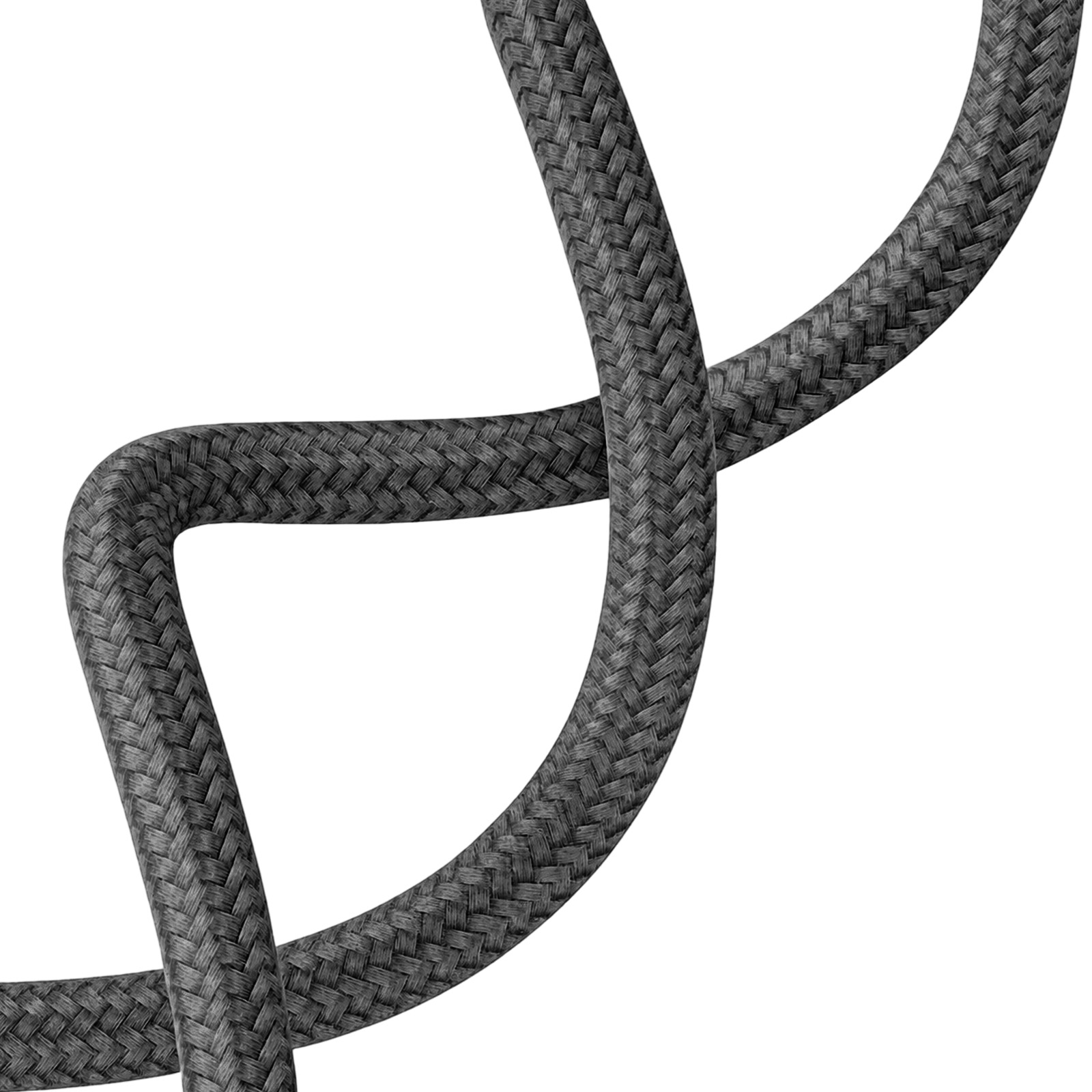 Ein graues, geflochtenes Kabel, das sich in einer Schleife um sich selbst windet.