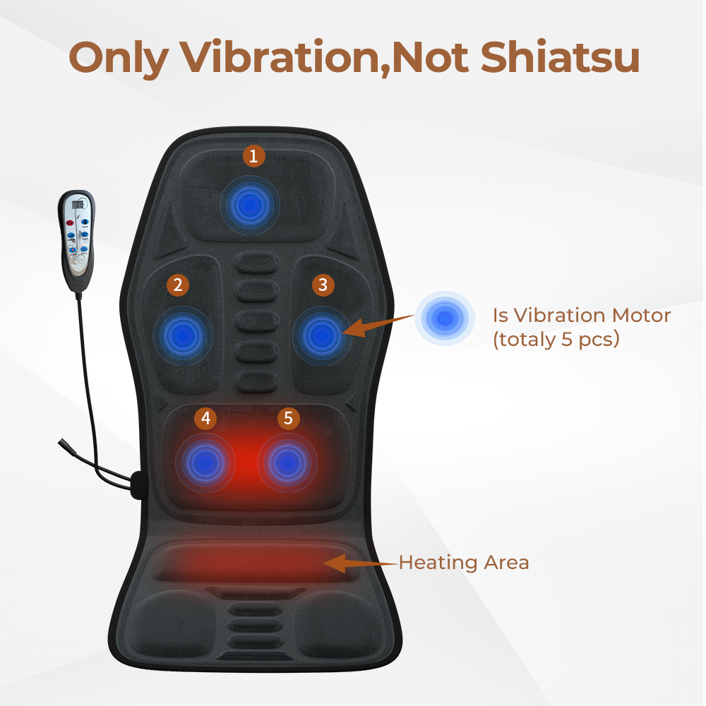 Schwarze Vibrationsmassageauflage mit Fernbedienung und Heizbereich.