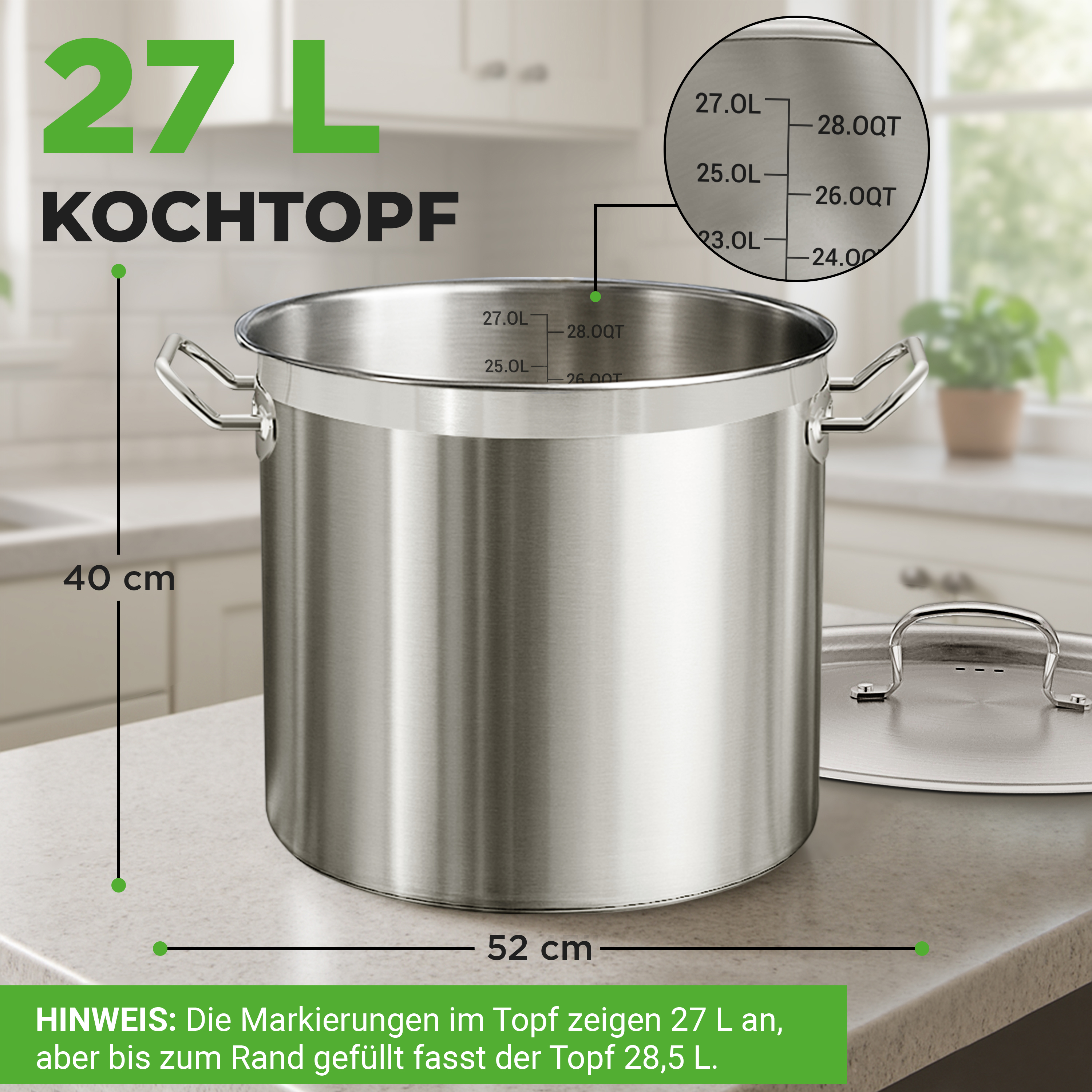 Ein 27-Liter-Kochtopf aus Edelstahl mit Maßen von 40 cm Höhe und 52 cm Breite.