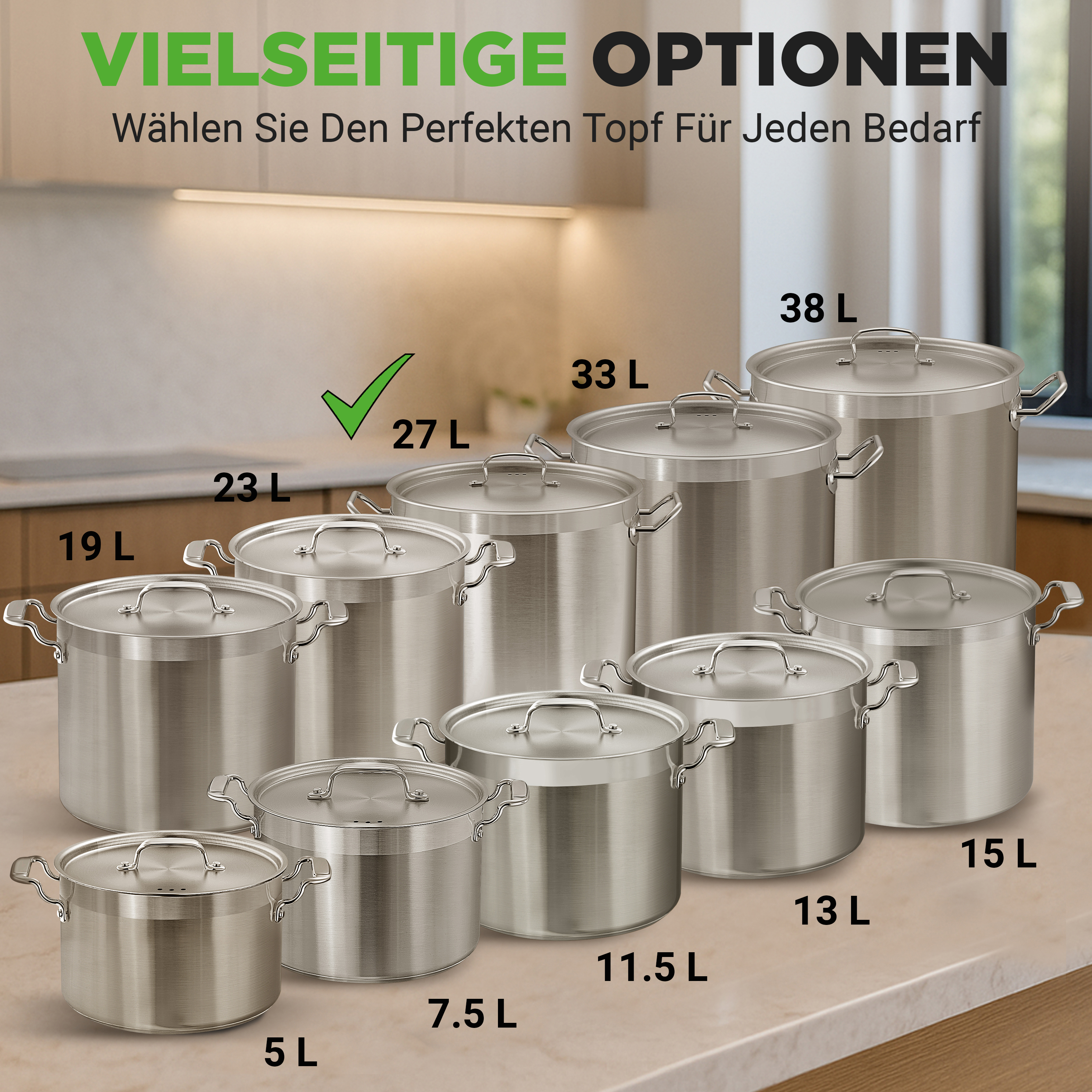 Mehrere Edelstahlkochtöpfe verschiedener Größen auf einer Arbeitsplatte.