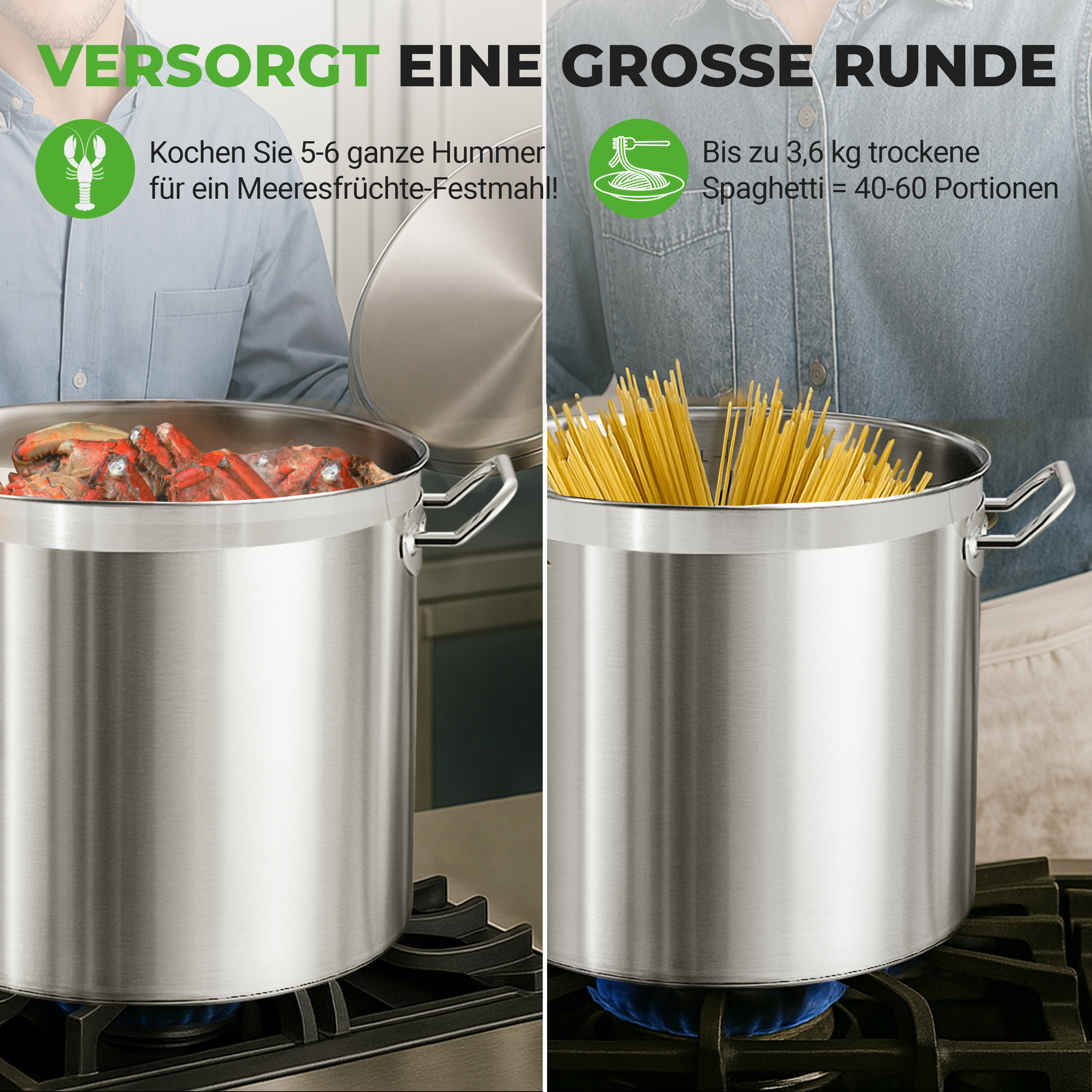 Zwei große Töpfe, einer mit Hummer, einer mit Spaghetti, über Gasbrennern.