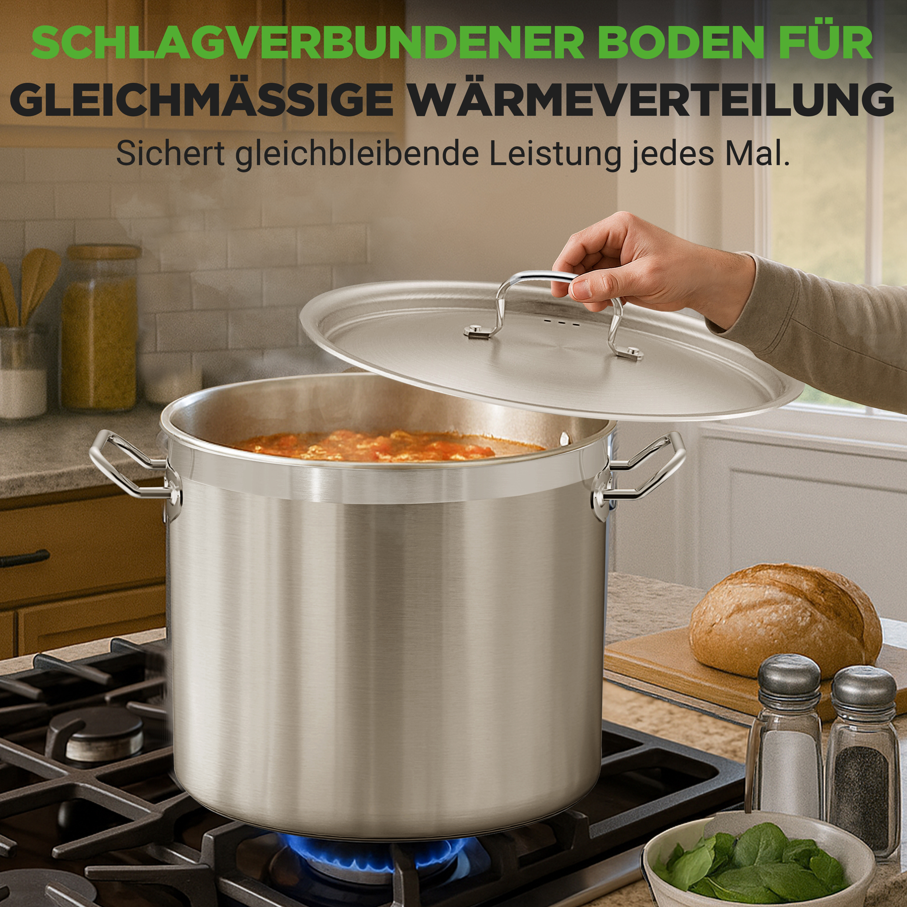 Ein Topf mit Essen auf einem Gasherd, eine Hand hebt den Deckel an.
