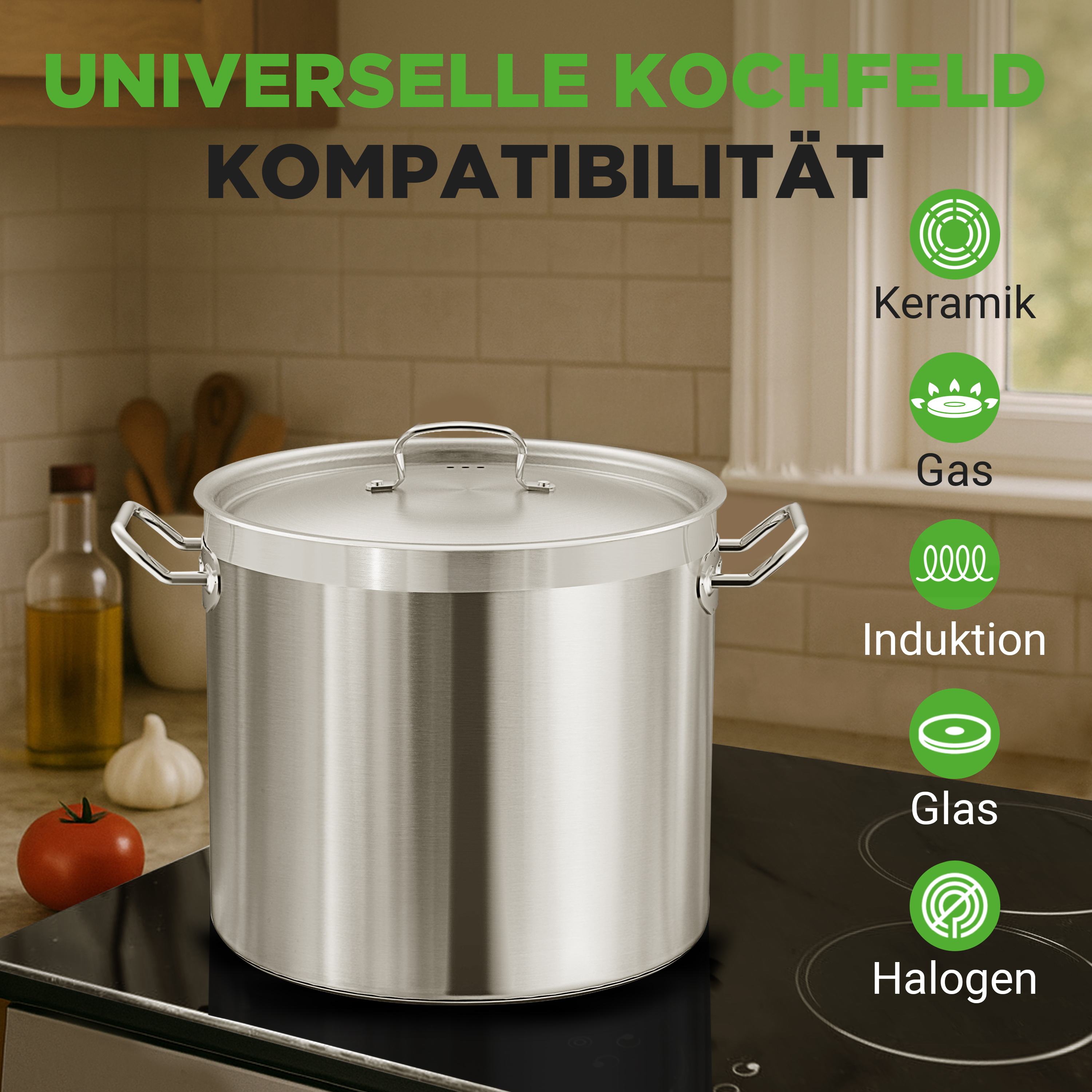 Großer Metalltopf auf einem Induktionskochfeld mit Symbolen für Keramik, Gas, Induktion, Glas, Halogen.