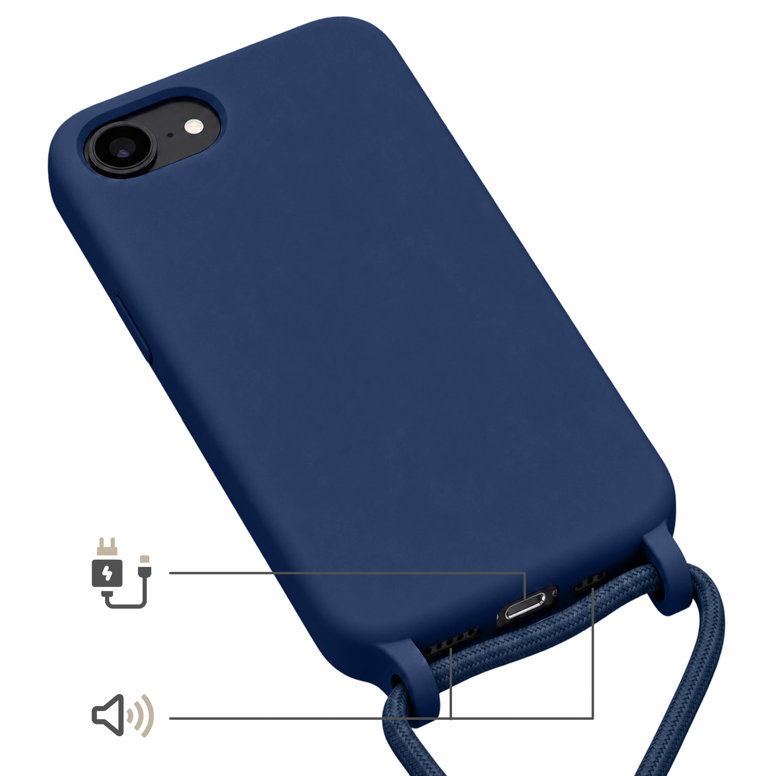 Dunkelblaues Handy mit Lanyard und Symbolen für Laden und Ton.