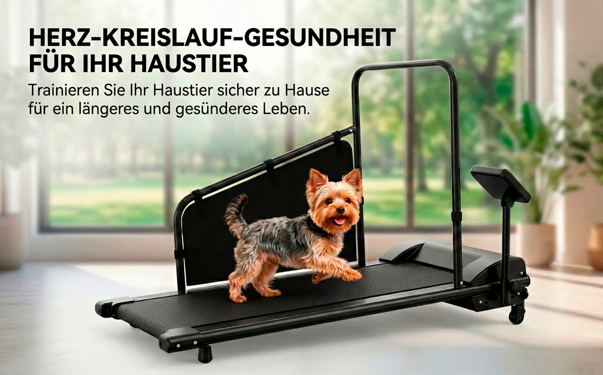 Ein Yorkshire Terrier läuft auf einem Laufband in einem gemütlichen Raum.