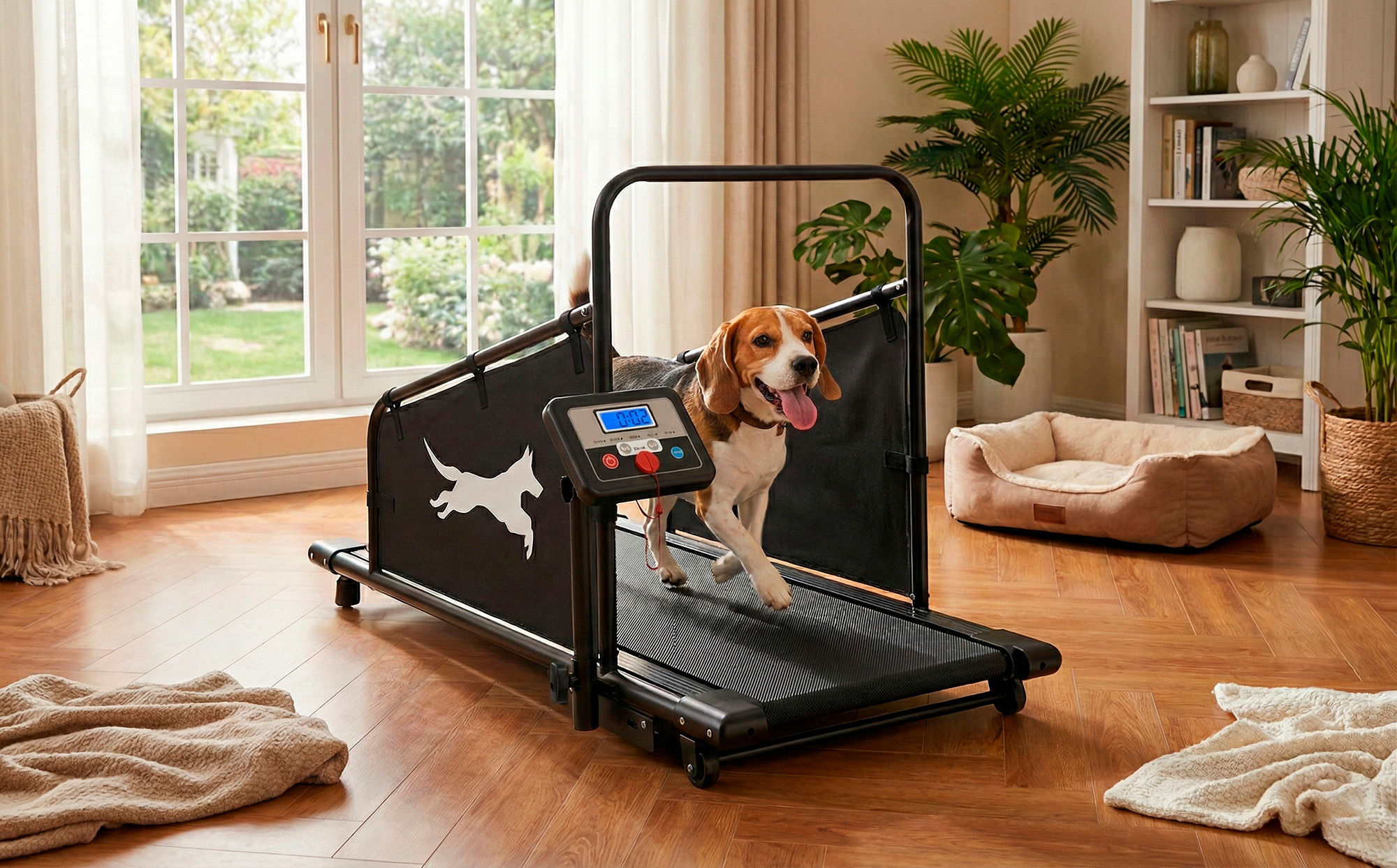 Ein Beagle-Hund läuft auf einem Laufband in einem Wohnzimmer mit Pflanzen und einem Hundebett.