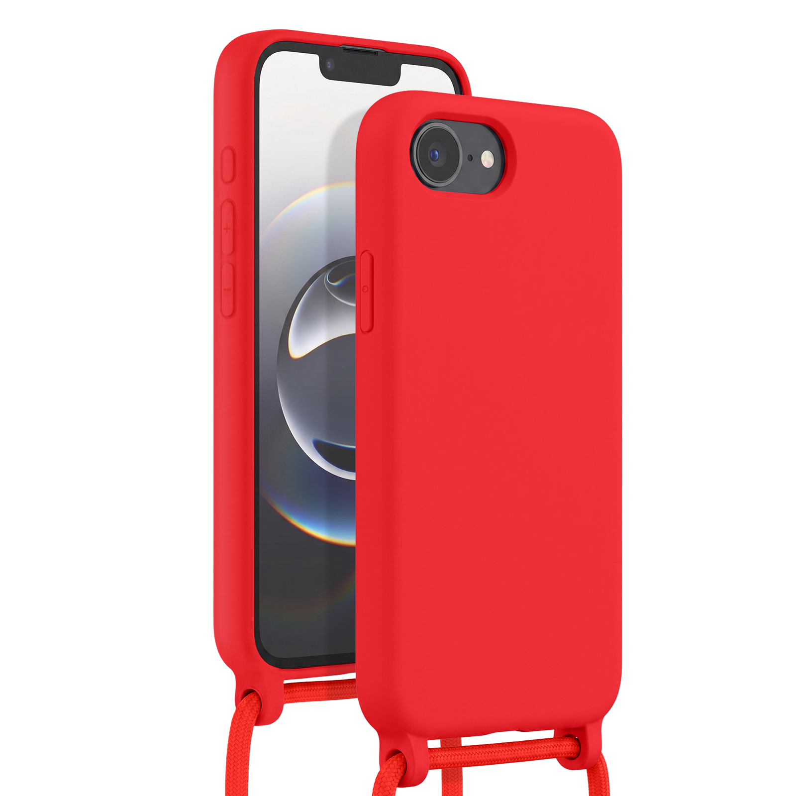 Rotes Handy mit rotem Band, auf weißem Hintergrund.